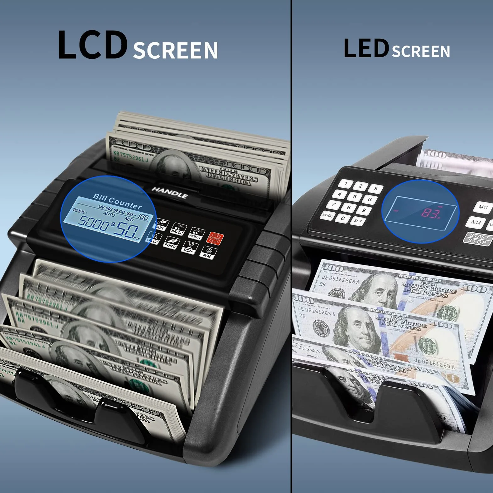 LOLARAN AL1000 - Máquina de contador de dinero con contador de valor, soporte dólar y euro, UV, MG, MT, IR, DD con detección de falsificaciones, contador de efectivo con visualización LCD, lote y