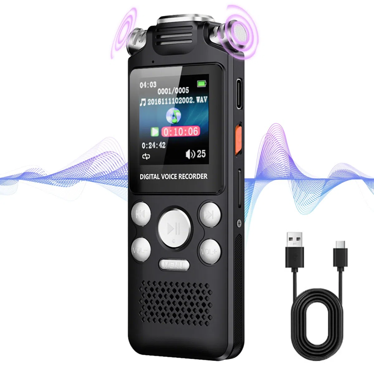 Grabadora de Voz Digital de 96 GB, Dispositivo de Grabación de Audio de 1536 Kbps, Reducción de Ruido de Micrófono Dual, Activación por Voz para Conferencias, Batería de 50