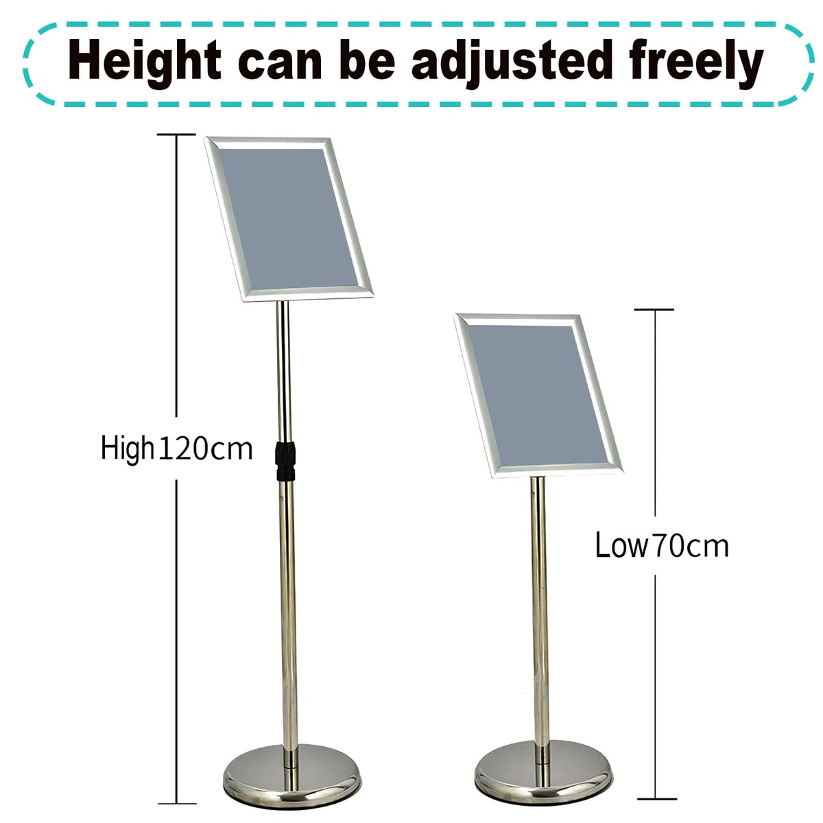 Soporte para carteles A4 exhibición publicitaria de pie oficina comercial ajustable con base estable A3 Silver Rounded-corner style