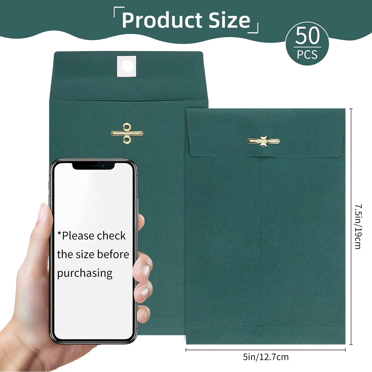 50 sobres pequeños de 5 x 7.5 pulgadas con cierre de manila, sobres de papel kraft verde oscuro de 28 libras con cierre de metal y sello engomado para correo, oficina, escuela y uso doméstico