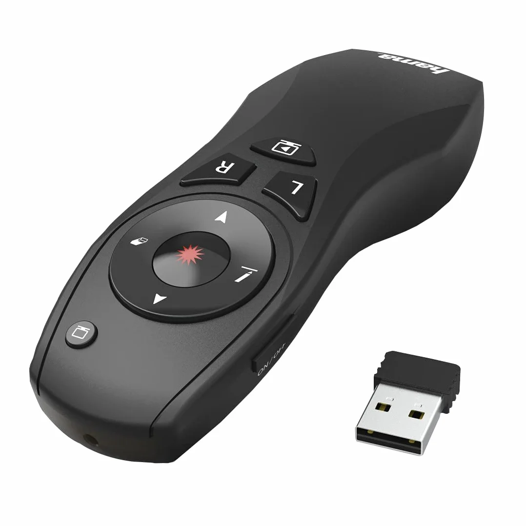 HAMA | Presentador Láser Inalámbrico 6 en 1 (Puntero Presentaciones, Control Profesional, hasta 15m de Distancia, Receptor USB, Universal) Color Negro.