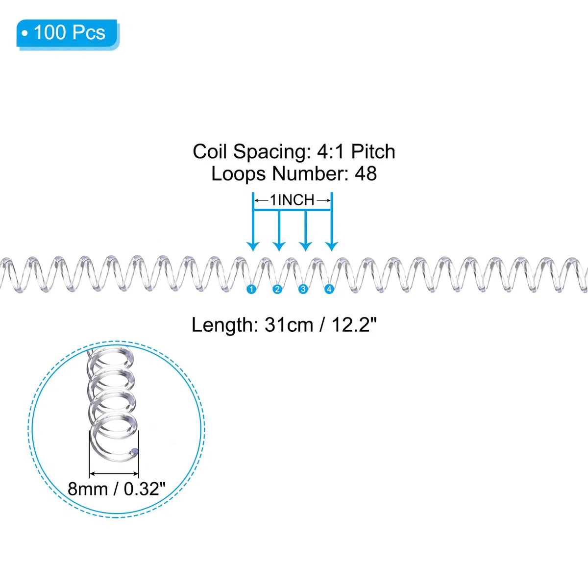 PATIKIL 100pcs 8mm Bobinas de Encuadernación en Espiral de Plástico, 40 Hojas, Paso 4:1, 48 Agujero Lomo de Encuadernación de Hojas Sueltas para Cuaderno Archivos DIY Oficina, Transparente