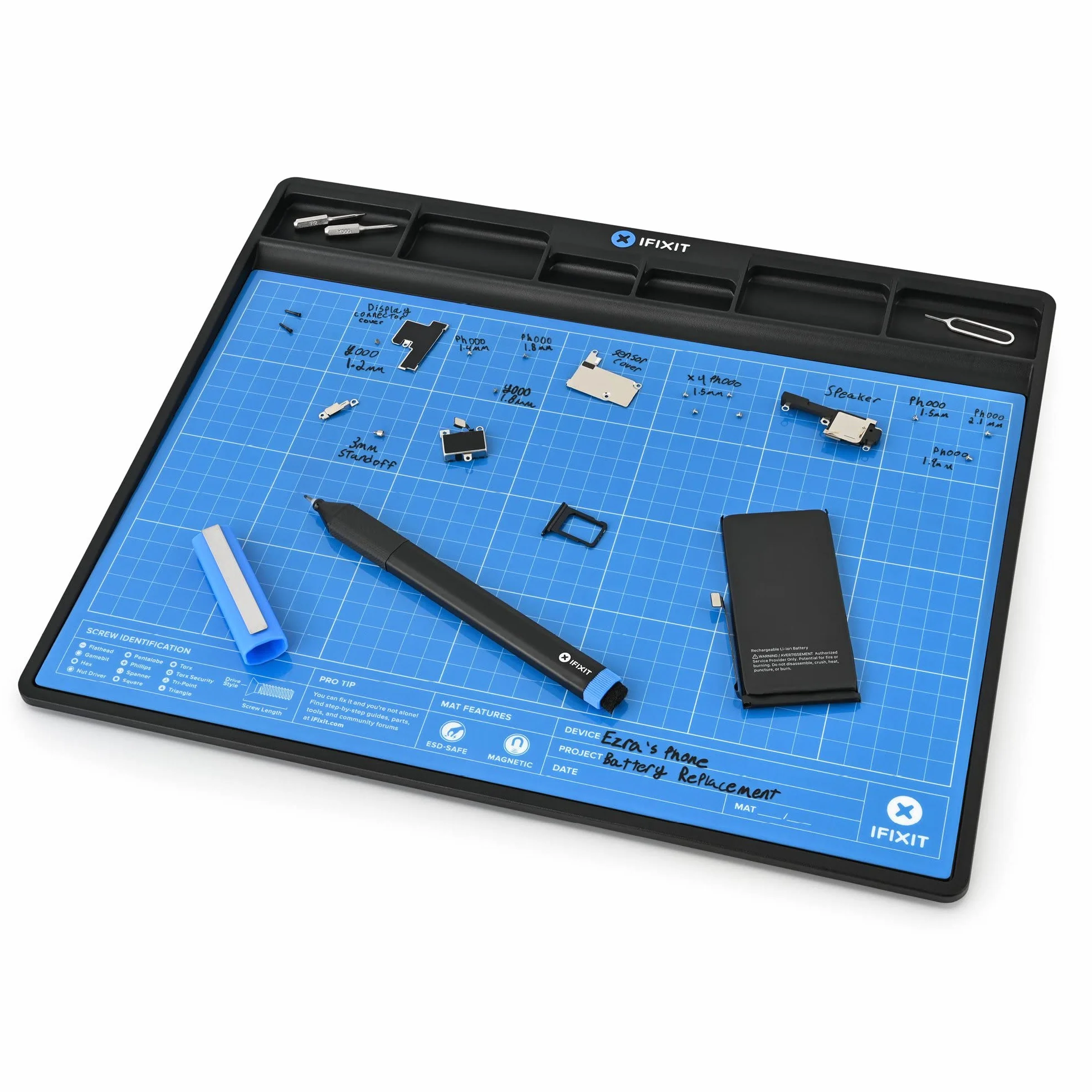 iFixit FixMat, alfombrilla de trabajo magnética con compartimentos para tornillos y componentes para reparaciones electrónicas, antiestática y escribible, con bolígrafo
