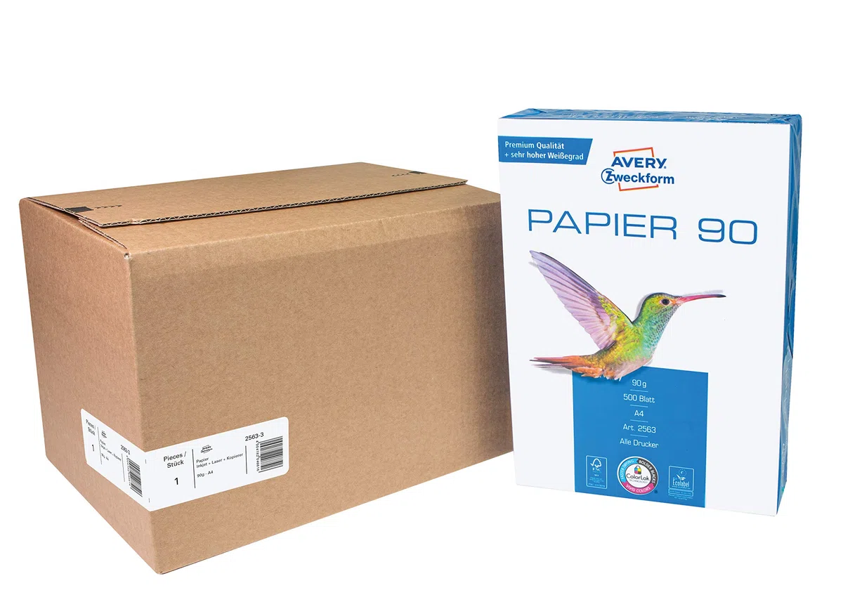 AVERY Zweckform 2563 - Papel para impresora/fotocopiadora (1500 hojas, 90 g/m², papel DIN A4, blanco brillante, para todas las impresoras), 1 caja de 3 unidades