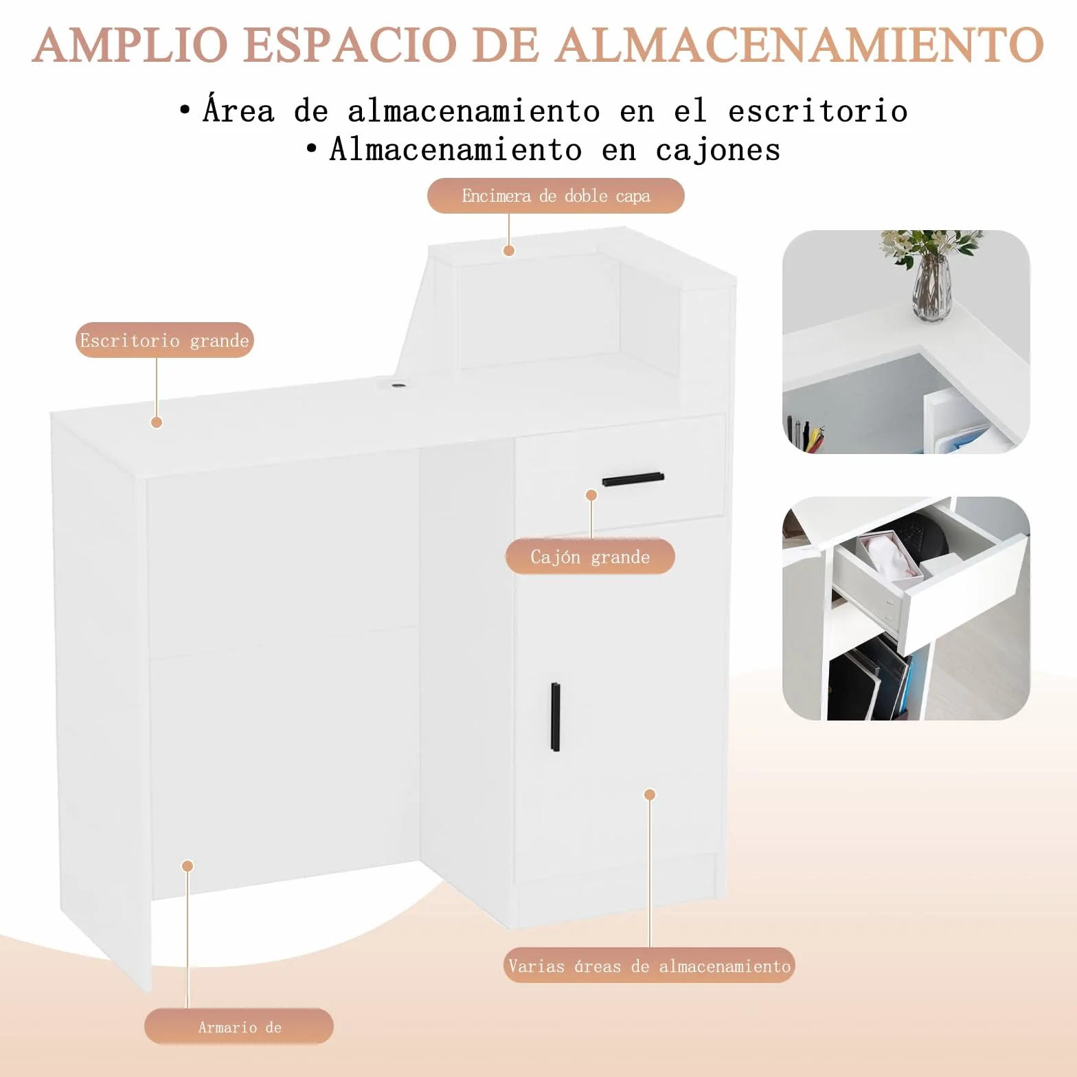 Mostrador de Recepción con Cajón y Estantes – Banco de Recepción Moderno con Almacenamiento, Escritorio para Oficina