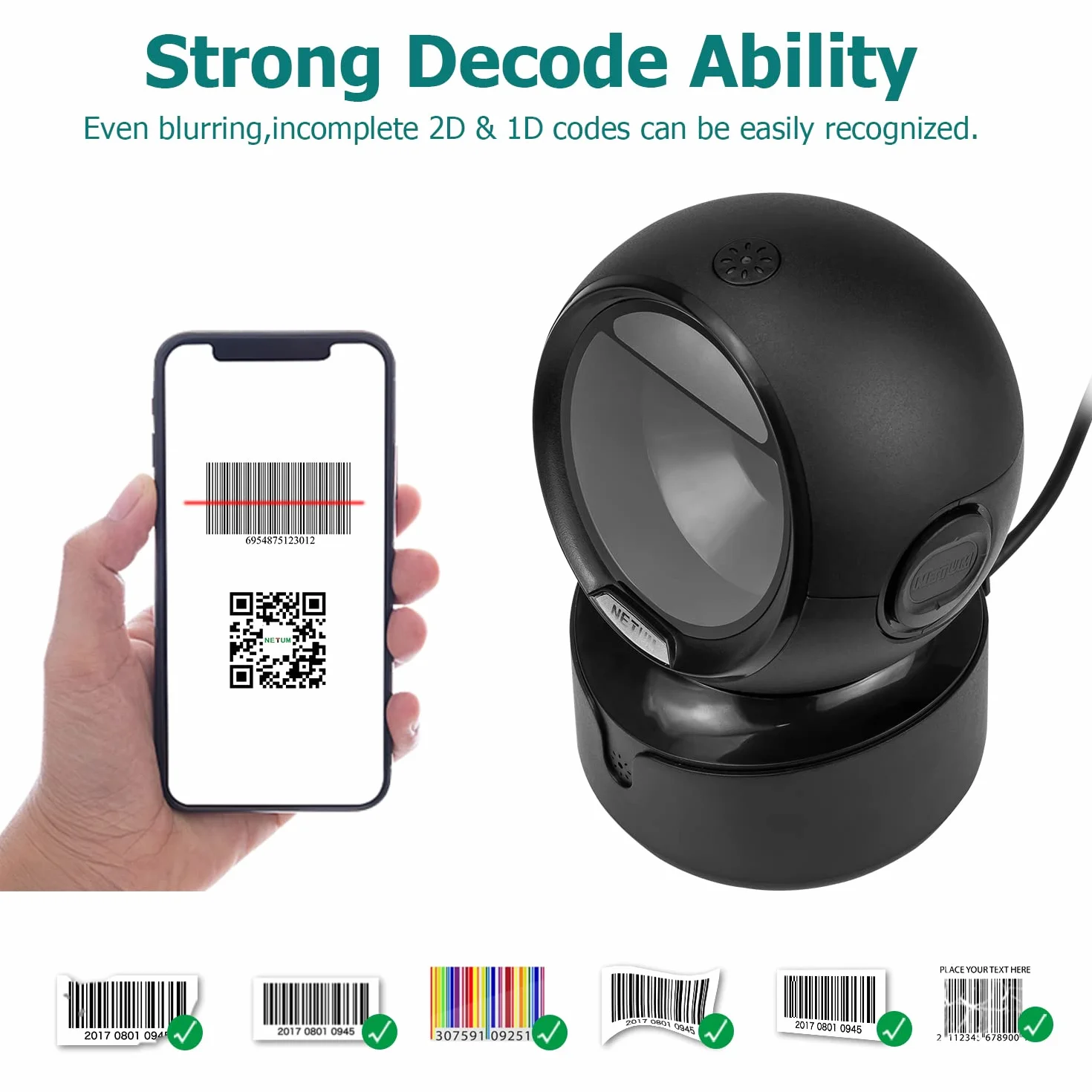 NetumScan Escáner de código de Barras USB con Cable 1D 2D QR Lector de código de Barras para supermercado Tienda minorista Almacén Sistema POS NSA5