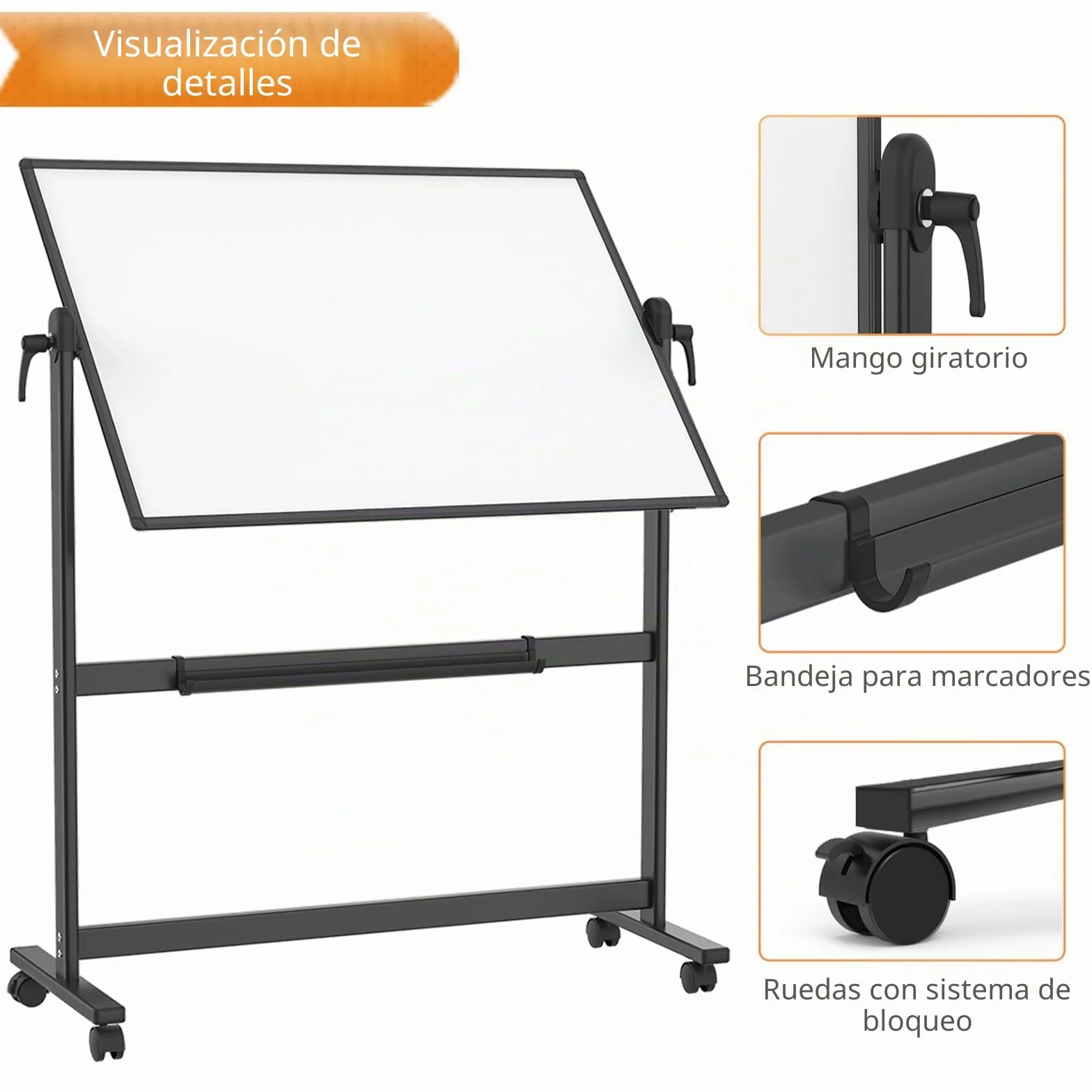 VIZ-PRO Pizarra blanca móvil magnética doble cara 120x90 cm marco aluminio negro