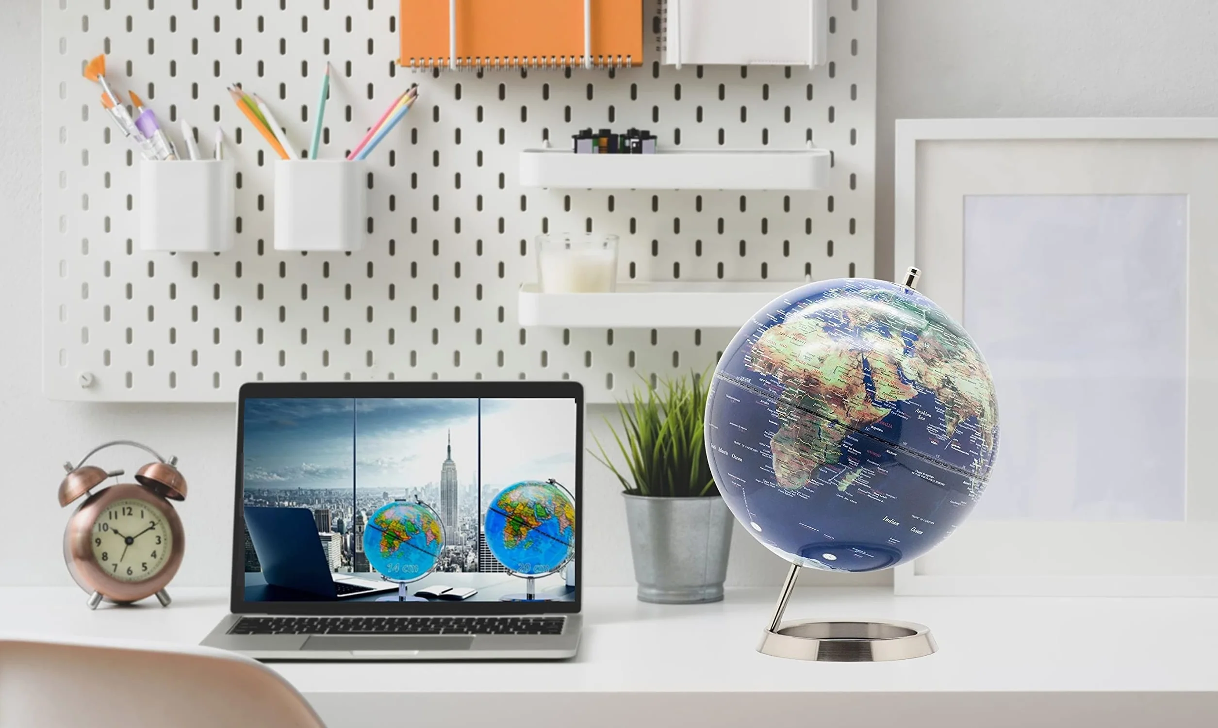 Exerz 25cm Globo Terráqueo - en Inglés - Decoración de escritorio educativa/geográfica/moderna - Con una base de metal (25cm Azúl Marino)