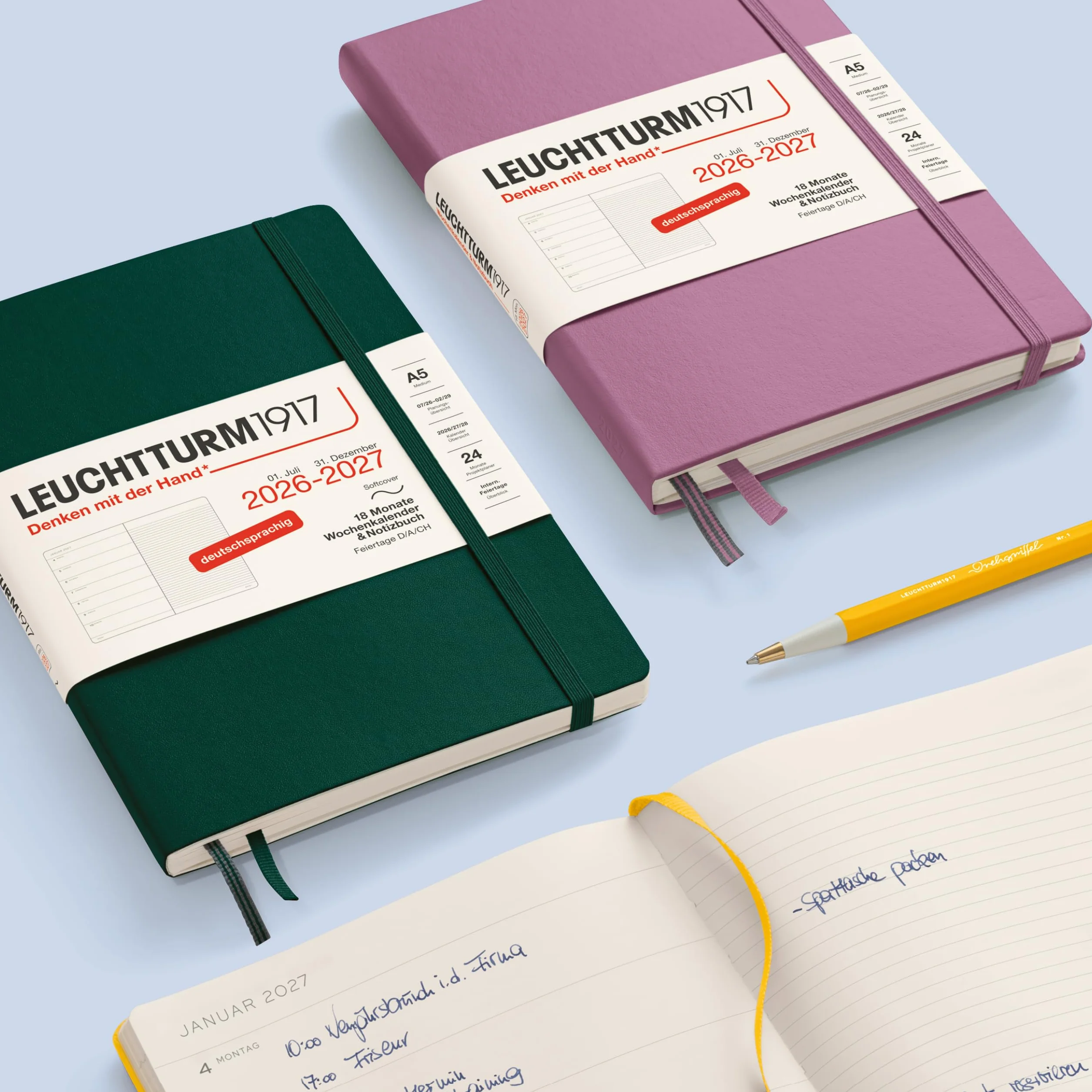 LEUCHTTURM1917 Agenda semanal 2027, A5, con cuaderno, a rayas, agenda alemana, 18 meses julio 2026 - diciembre 2027, girasol, tapa dura, 210 x 145 mm, vista semanal izquierda + página de notas a la