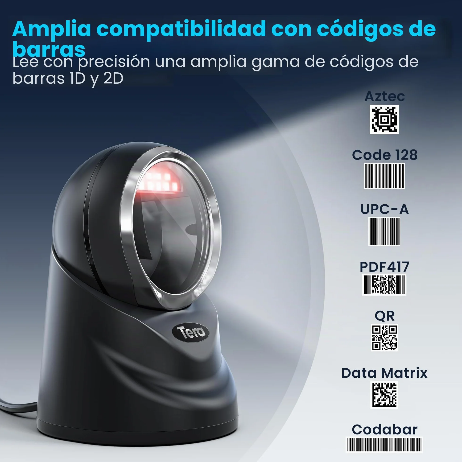 Tera 1D 2D QR Lector de Código de Barras Omnidireccional Escáner de Código de Barras con Cable USB Manos Libres Escaneo Automático de Detección de Imagen para Tienda de Supermercado Modelo 9100