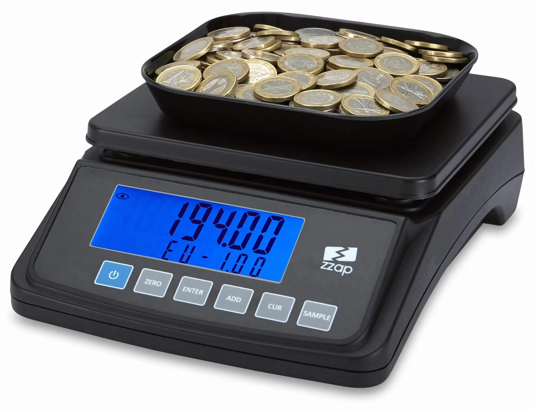 ZZap MS10 Báscula contadora de monedas 5 divisas 3 kg pantalla retroiluminada batería