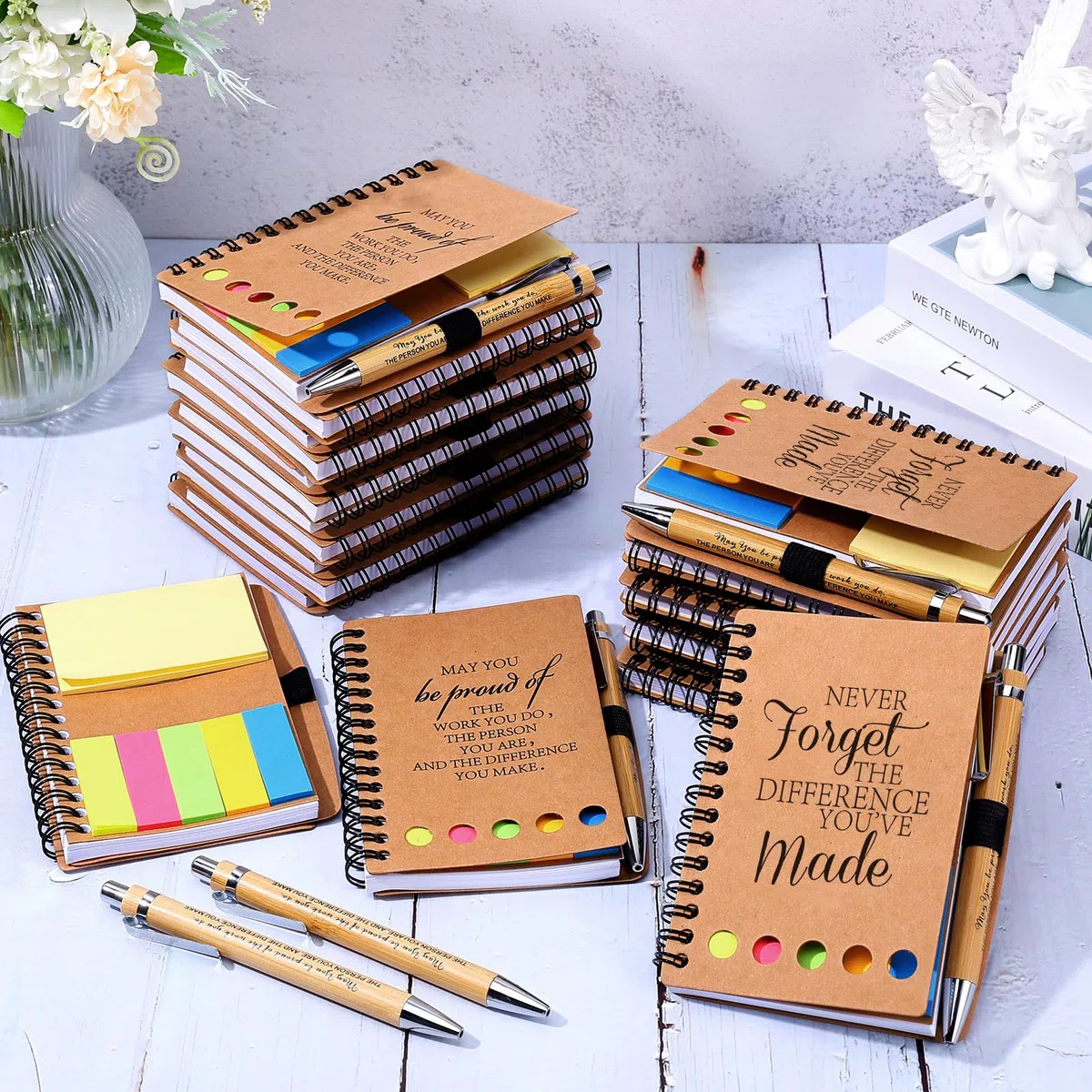 Regalos de agradecimiento para el regreso a clases para profesores, empleados, cuadernos inspiradores en espiral con notas adhesivas, blocs de notas, bolígrafos de bambú de agradecimiento a granel