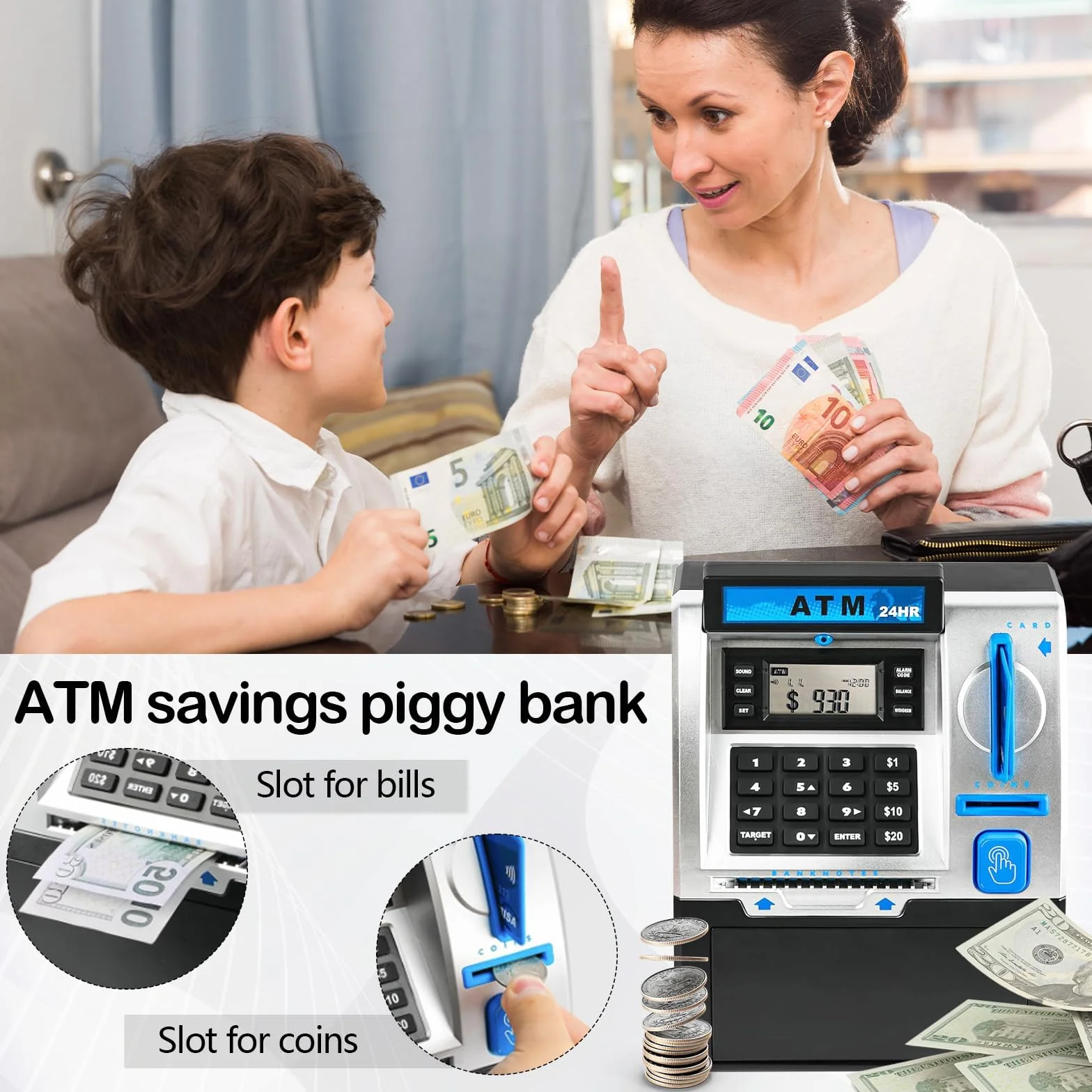 Alcancía Electrónica, Caja de Dinero con Contraseña Cajero Automatico Digital Mi-ni Caja Fuerte Electrónica Electronicas con Tarjeta de Débito para Cajero Automático Bancos Huchas