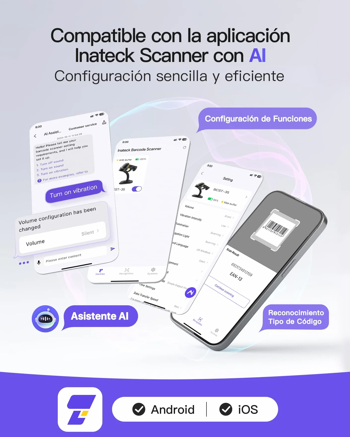 Inateck Escáner de Código de Barras 2D con Soporte Inteligente, Lector Codigo Barras Inalambrico, Barcode Scanner con App y SDK, Imager 2D con Batería de 2600mAh, BCST-35