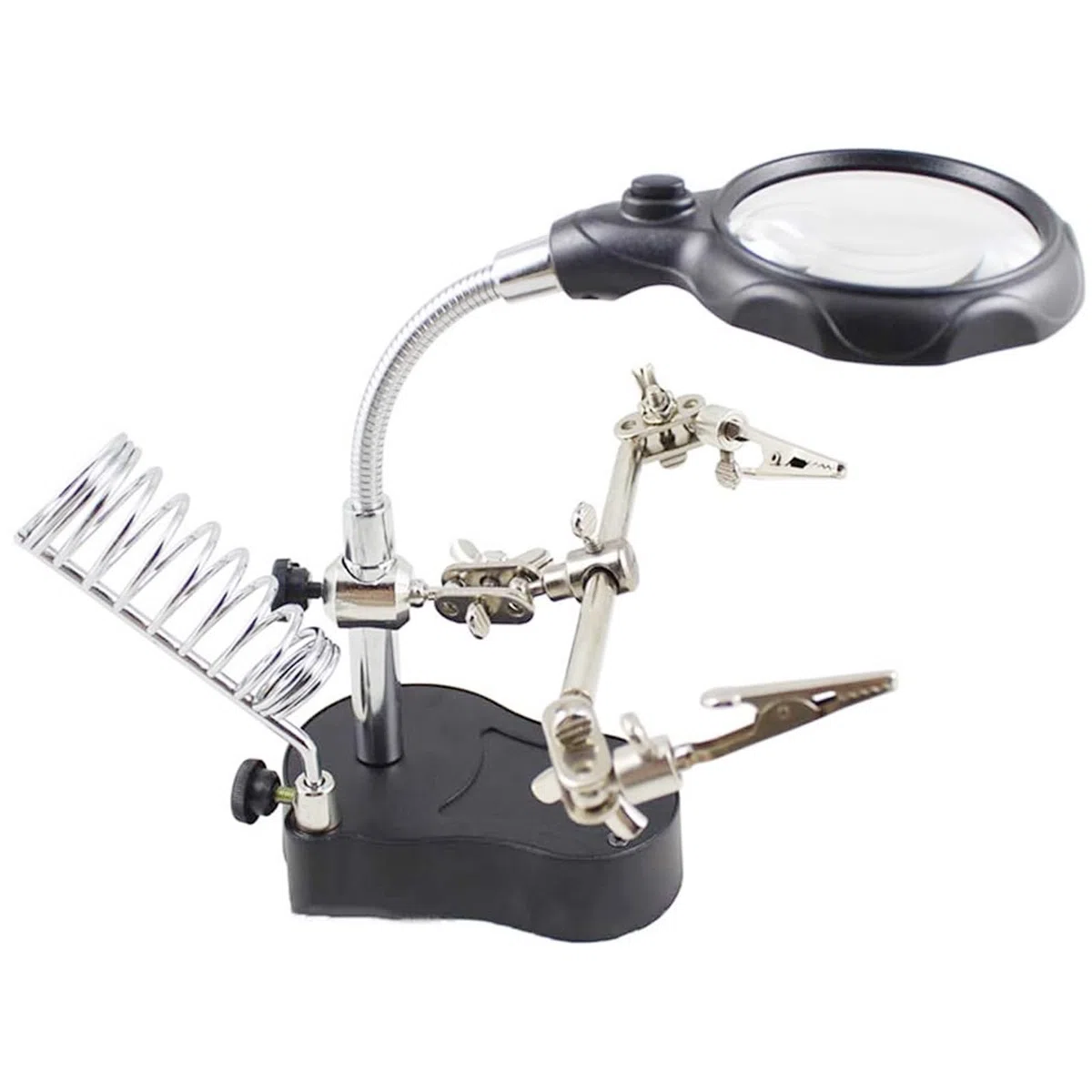 Lupa con luz y abrazadera, lámpara de escritorio con lupa, 3,5 x 12 x, tercera mano auxiliar para soldar, lupas con soporte para cautín y 2 luces LED, brazos de bloqueo ajustables con pinzas de coco