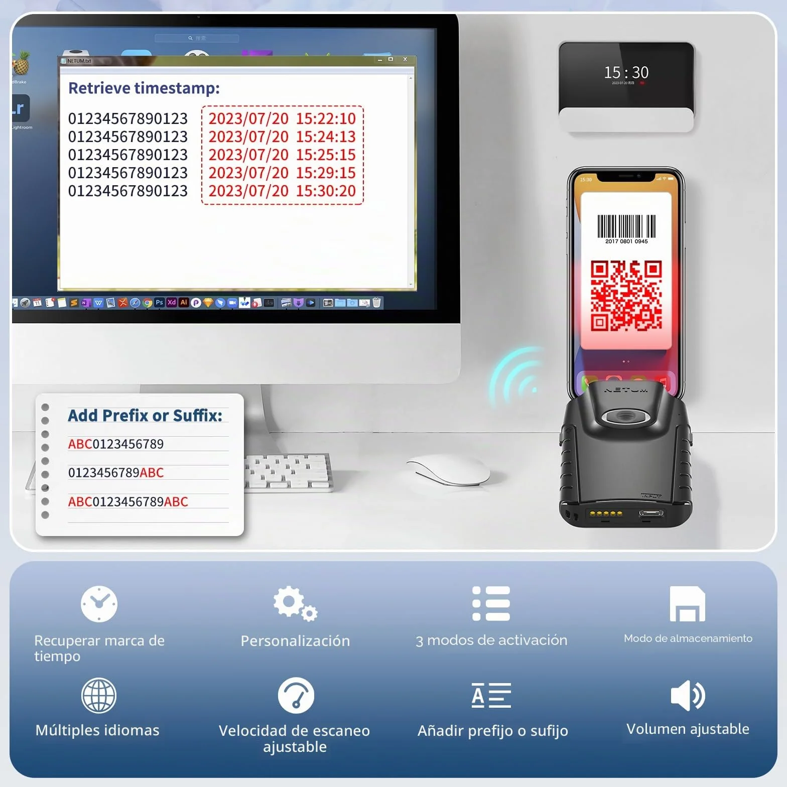 NETUM Escáner de código de Barras 2D Bluetooth, Lector de código de Barras QR 3 en 1 automático Escanear Clip Trasero Trabajo con Tableta iOS Android Windows MacOS inventario de almacén POS