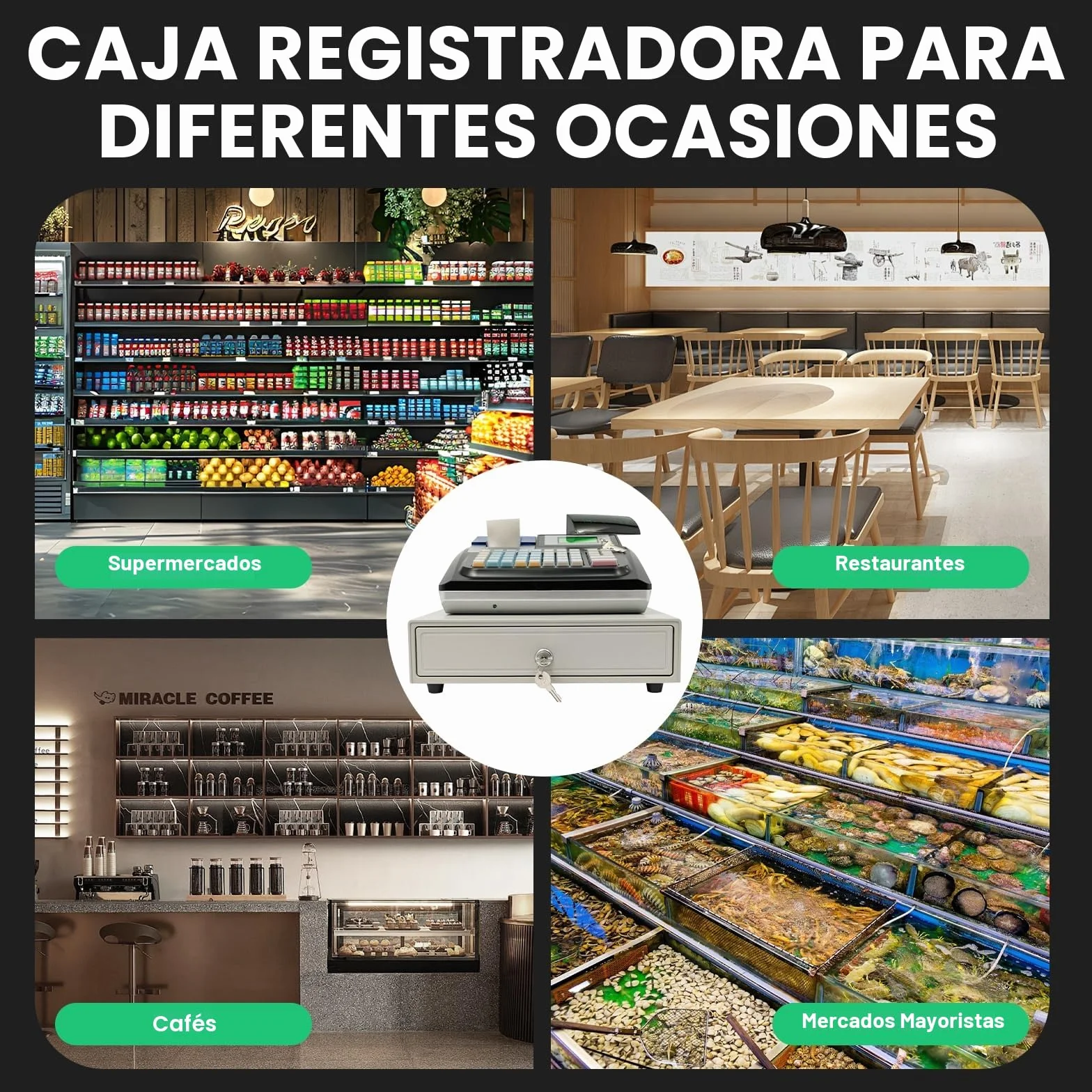 Caja registradora electrónica KumuJ Venta al por menor Sistema POS Cajón Sólido De Con 48 Teclas 40W Pantalla Digital Equipado para el Comercio, Caja registradora para Pequeñas Empresas