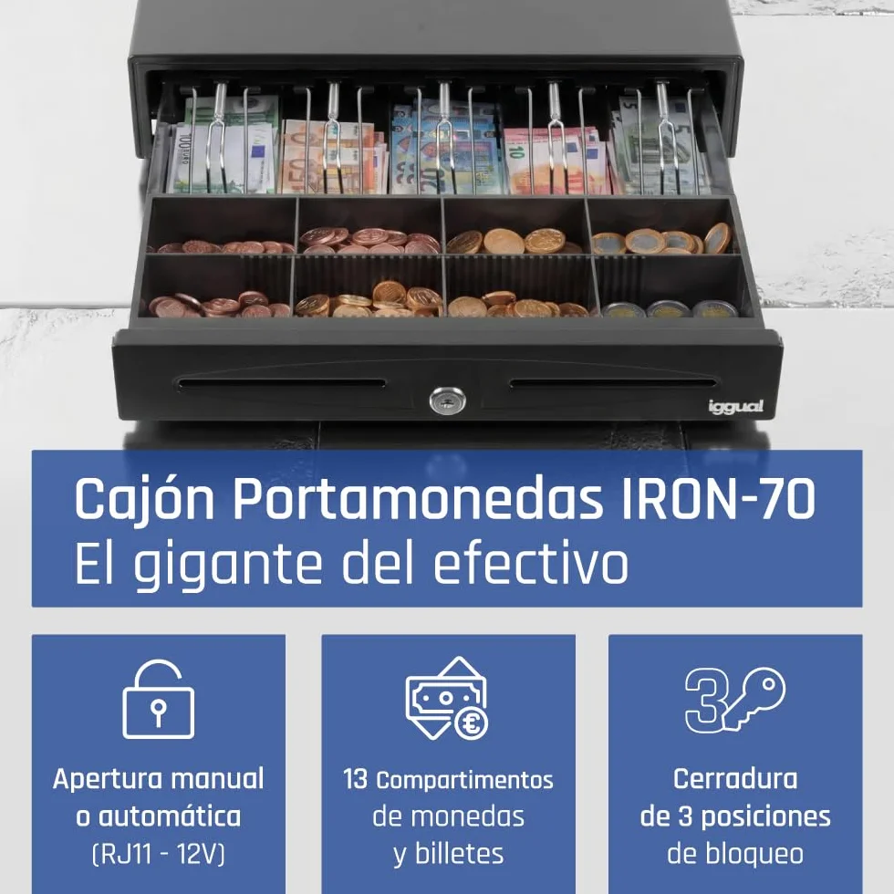 iggual - Cajón Portamonedas IRON-70 -Caja Efectivo Registradora Manual o Automática para 5 Billetes y 8 Moneda -Cerradura 3 Posiciones -Material Acero+Plástico -Uso profesional -Negro (44,5x42,5x 9)