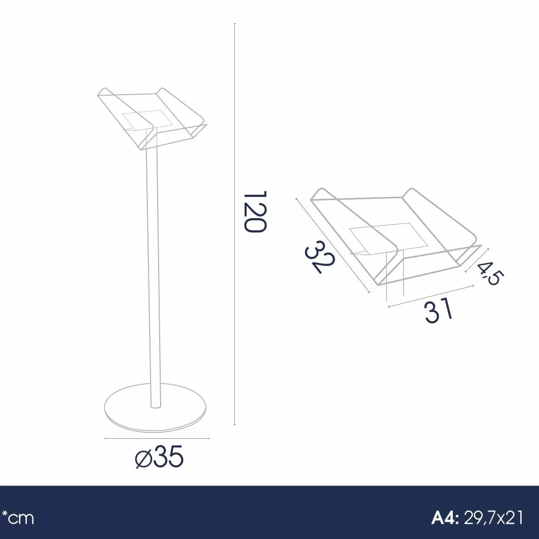 Danieli Store | Expositor publicitario de pie con atril apoyalibros tamaño A4 horizontal | Soporte de metacrilato para Libros, Catálogos y Menú