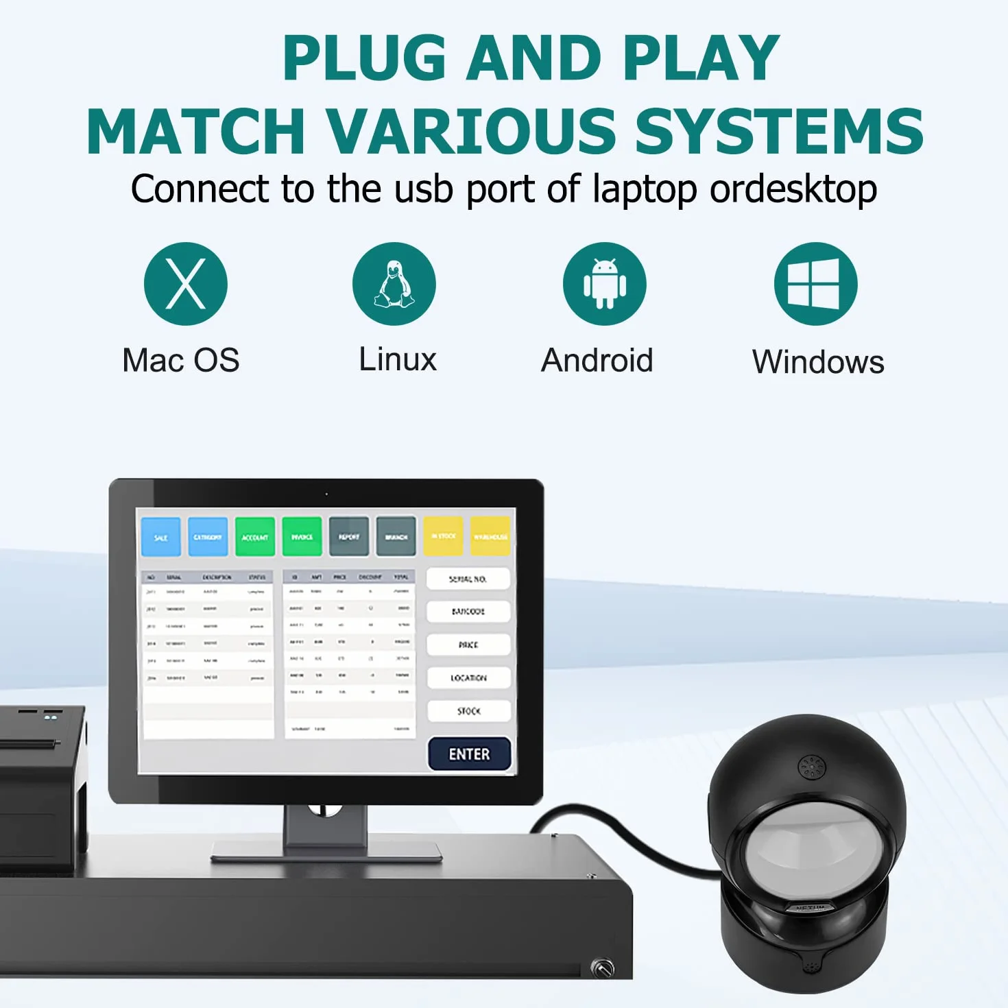 NetumScan Escáner de código de Barras USB con Cable 1D 2D QR Lector de código de Barras para supermercado Tienda minorista Almacén Sistema POS NSA5