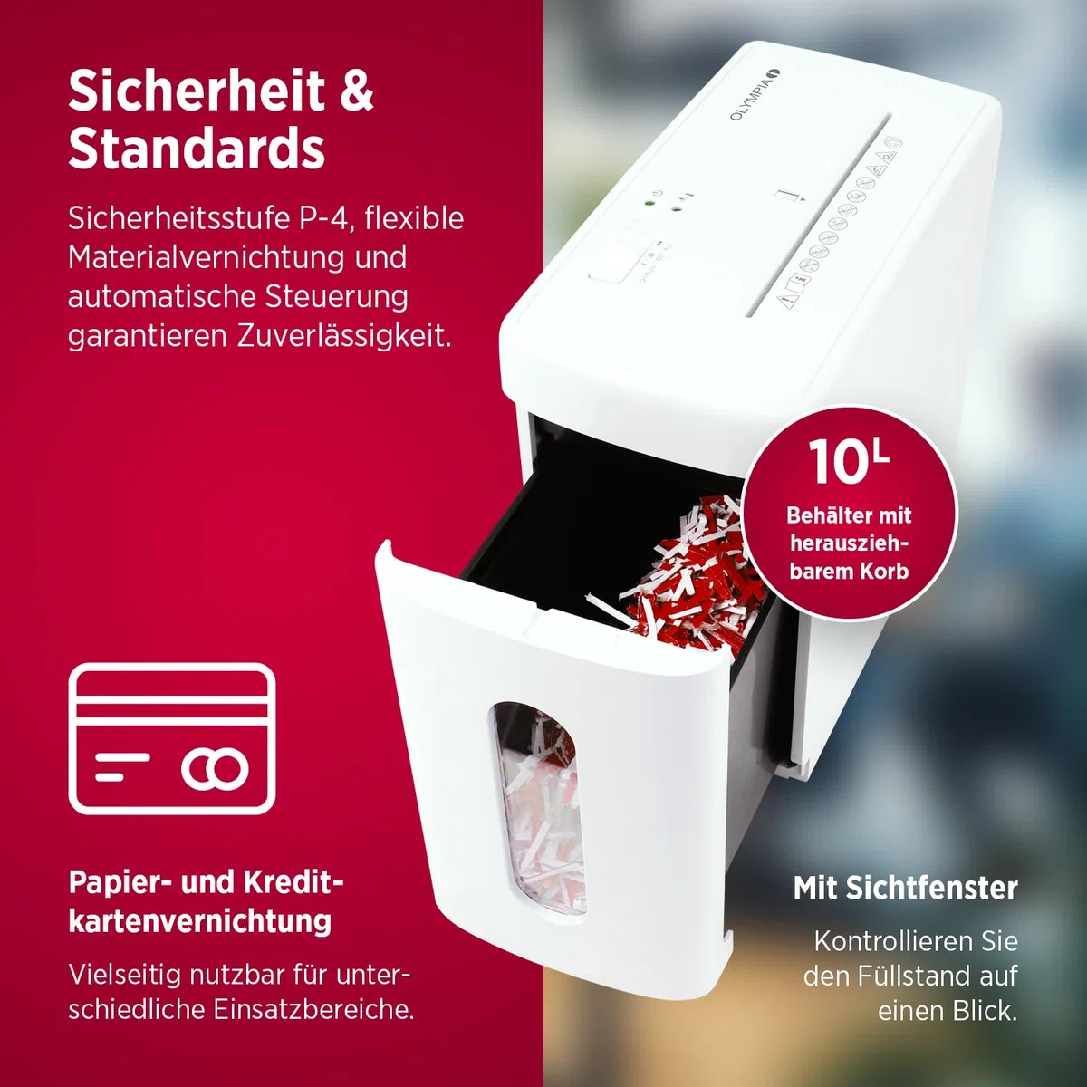 Olympia Trituradora de papel CC 1010 S, trituradora de papel para documentos y tarjetas de crédito, trituradora de documentos, 10 hojas y 10 litros de capacidad de recogida, trituradora de papel P4