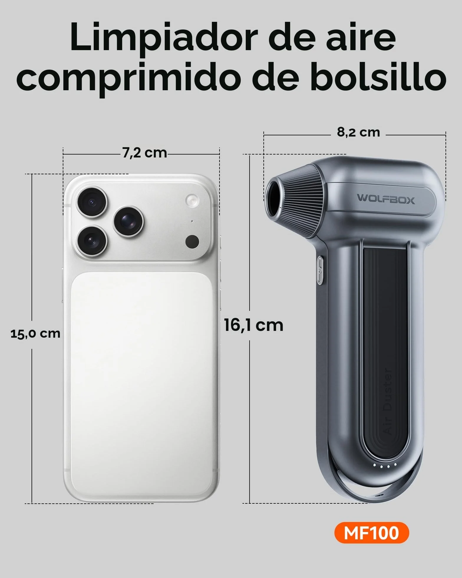 WOLFBOX MF100 plumero eléctrico de aire-150000RPM Super Power inalámbrico plumero de aire, motor sin escobillas recargable, 3-Gear ajustable soplador de polvo para el ordenador, teclado, casa y coche