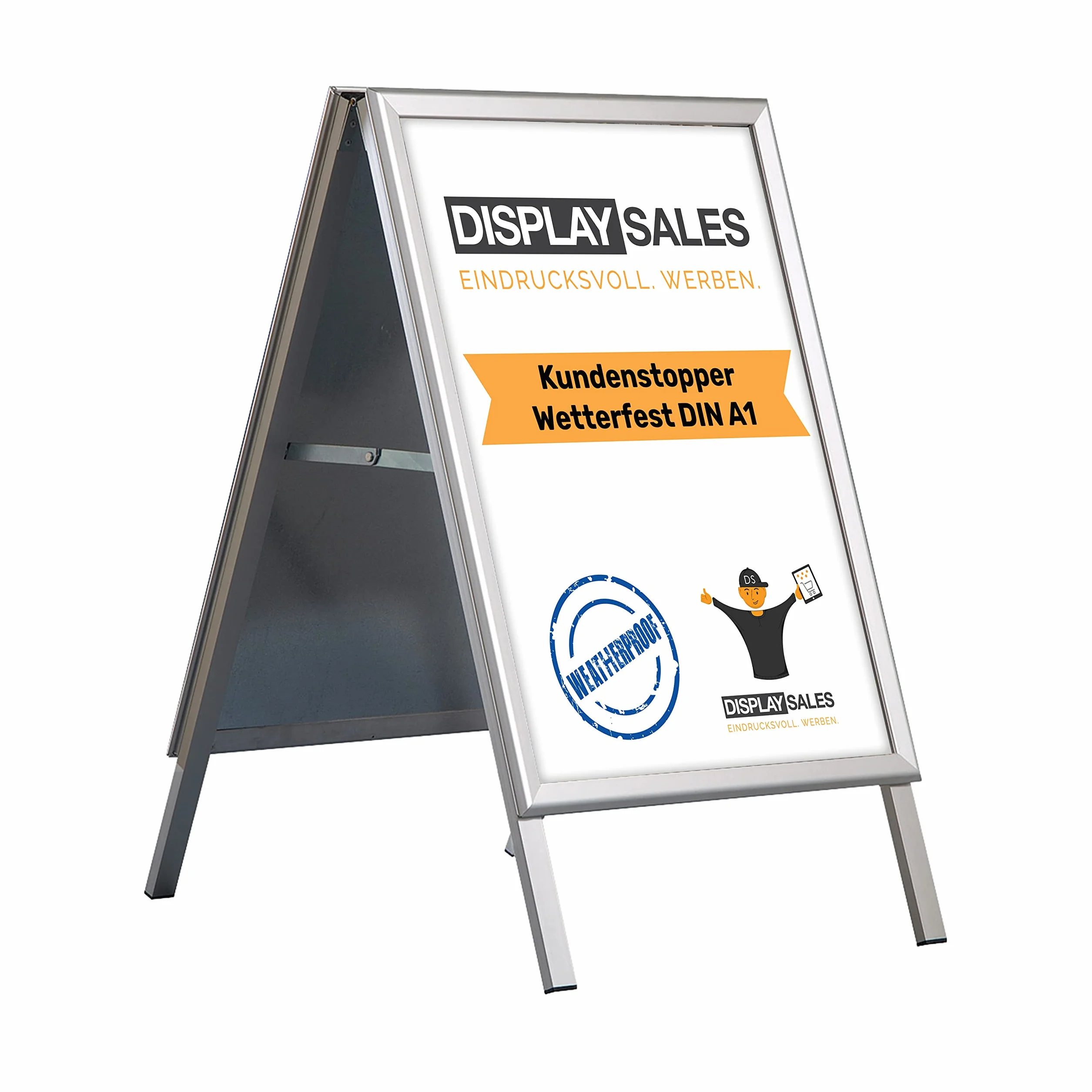 Publicidad exterior a la intemperie A1 | porta carteles con perfil de 32 mm para carteles DIN A1 | caballete pizarra con orificios de drenaje de agua incl. 2 láminas PET