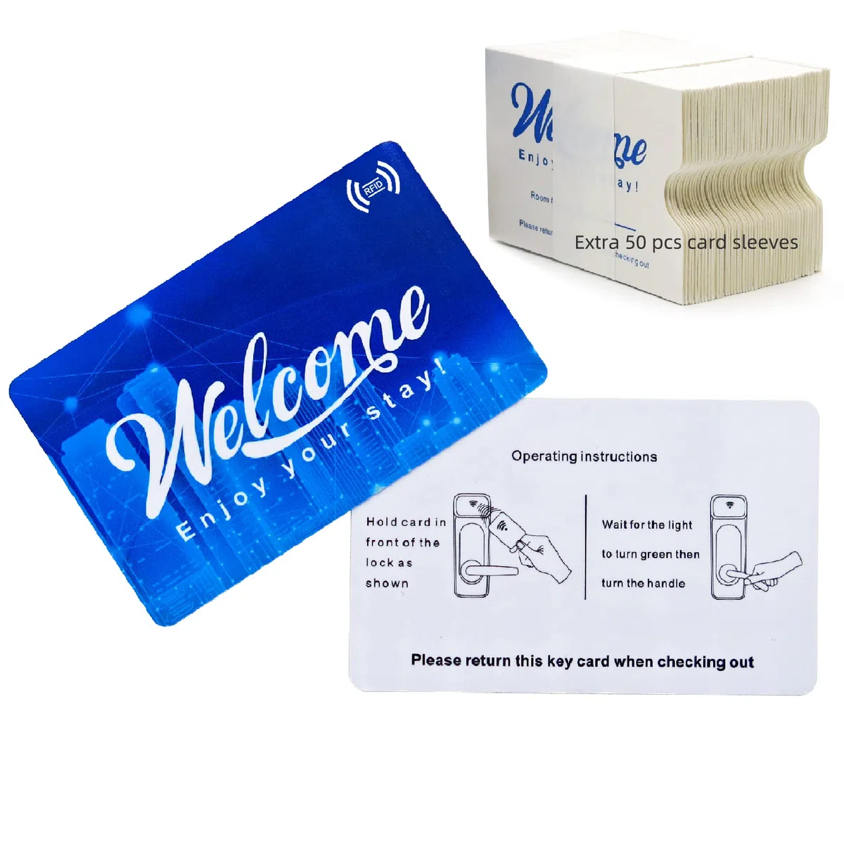 MIFARE Classic 1K Hotel Key Card, RFID Motel Key Card con sobres, manga Welcome Enjoy Your Stay (200 tarjetas, 50 fundas para regalo)