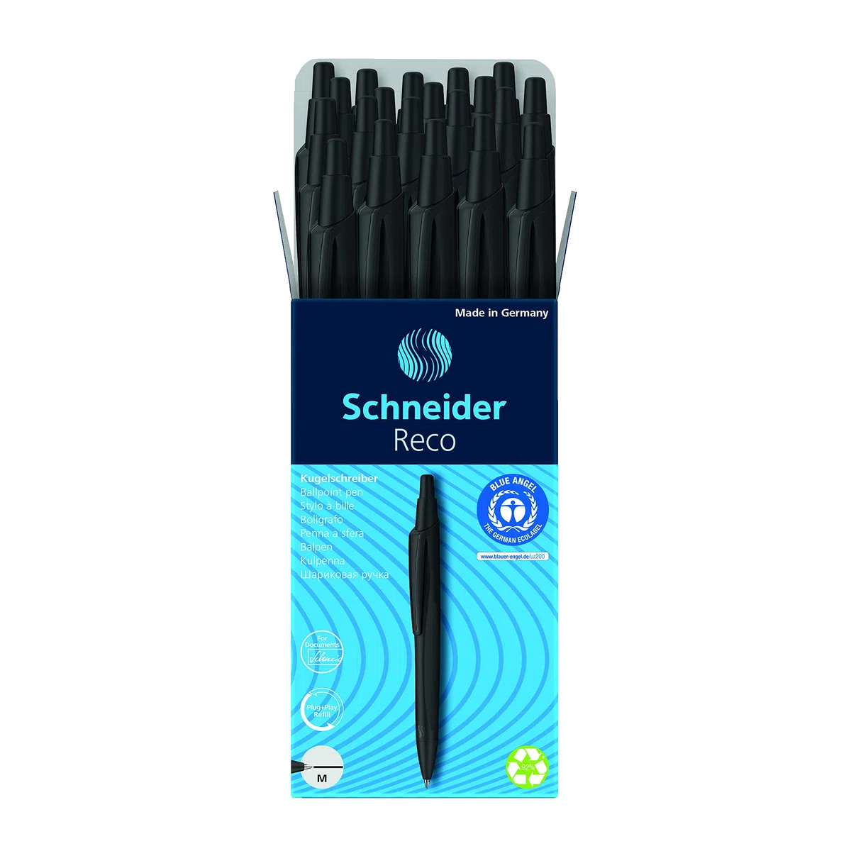 Schneider Bolígrafo Reco, M (mediano), recargable y retráctil, barril negro, caja de 20 bolígrafos, tinta negra (131811)