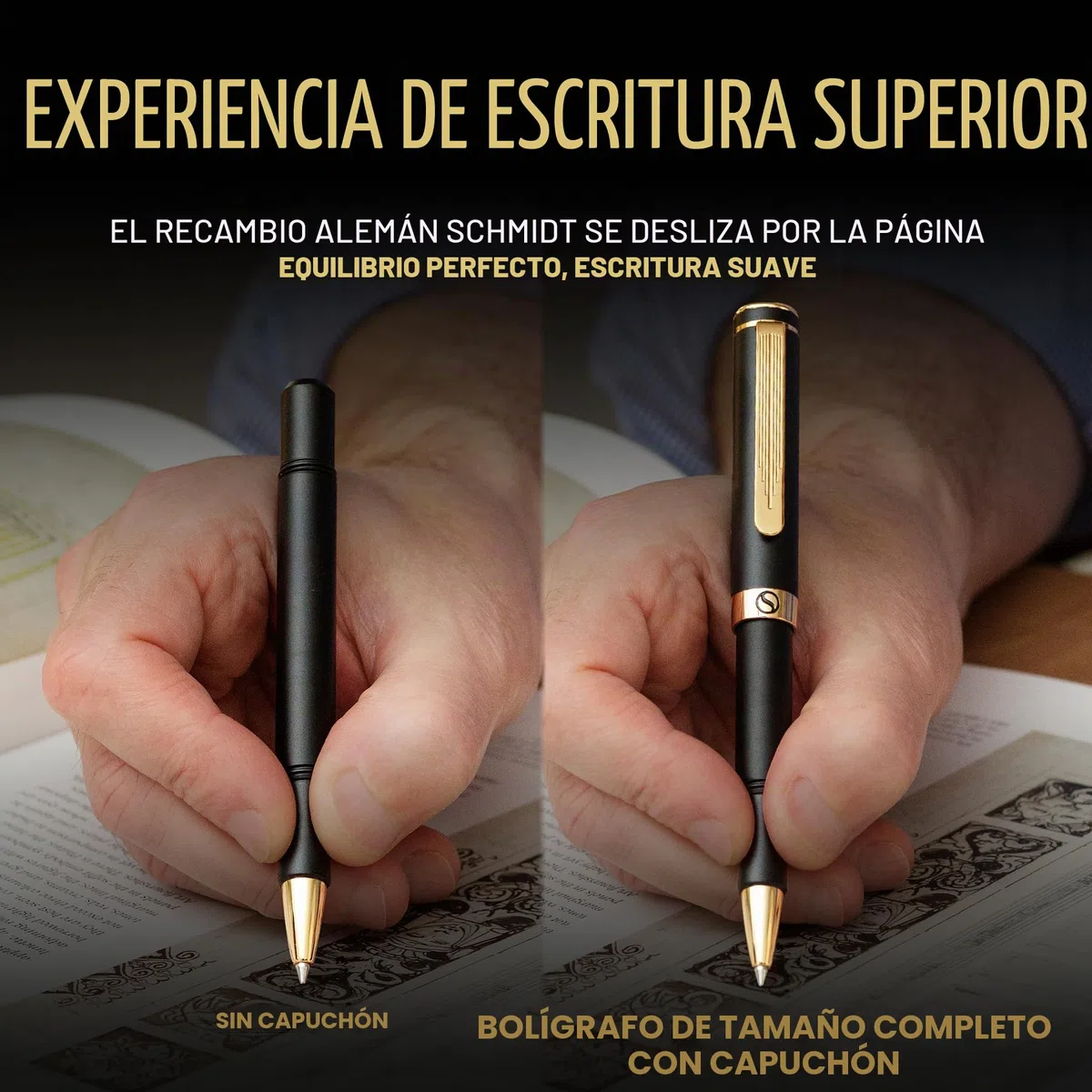 Scriveiner Bolígrafo Rollerball EDC Negro de Lujo, Chapado en Oro Auténtico, Recambio Schmidt Alemán