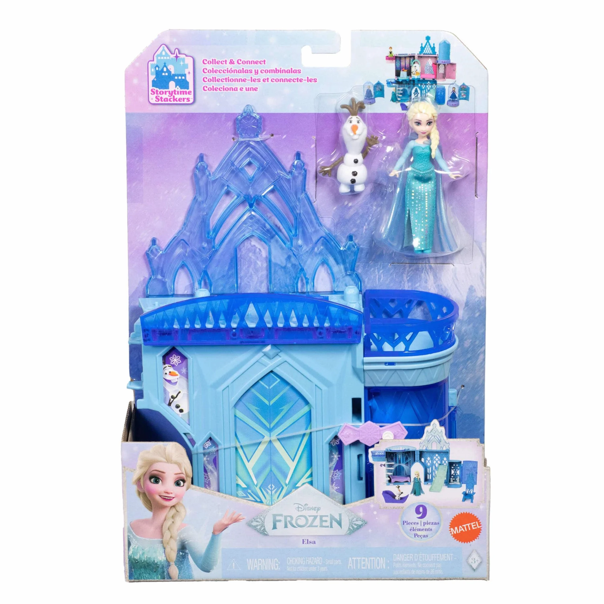 Disney Frozen Castillo de Elsa, Conjunto Apilable Casa de Muñecas con Muñeca Pequeña y 8 Piezas, Juguetes de Película, JDP63