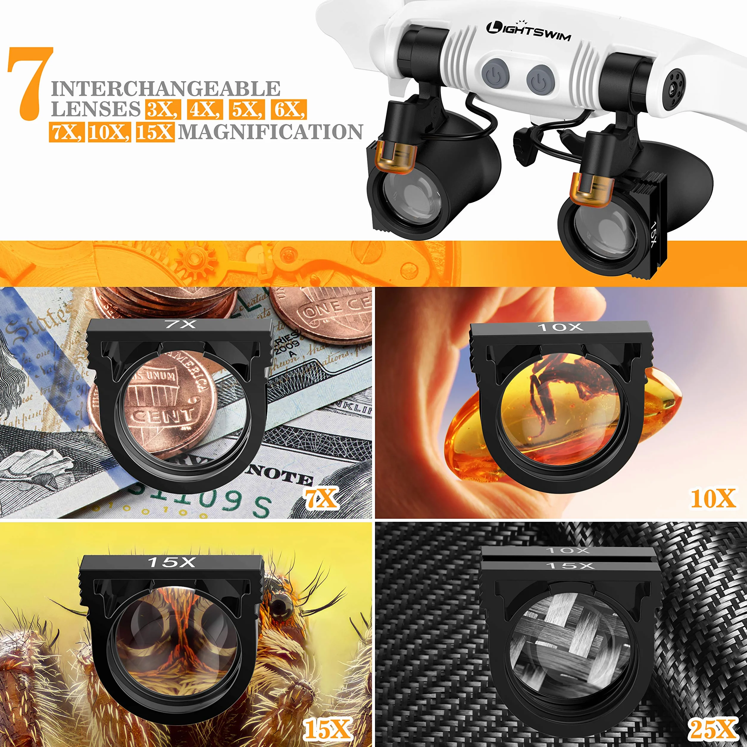 Lupa de Diadema Lightswim con 2 Luces LED, 3X-15X Lentes Intercambiables para Manualidades, Lectura, Reparación de Relojes y Joyas, Pasatiempos