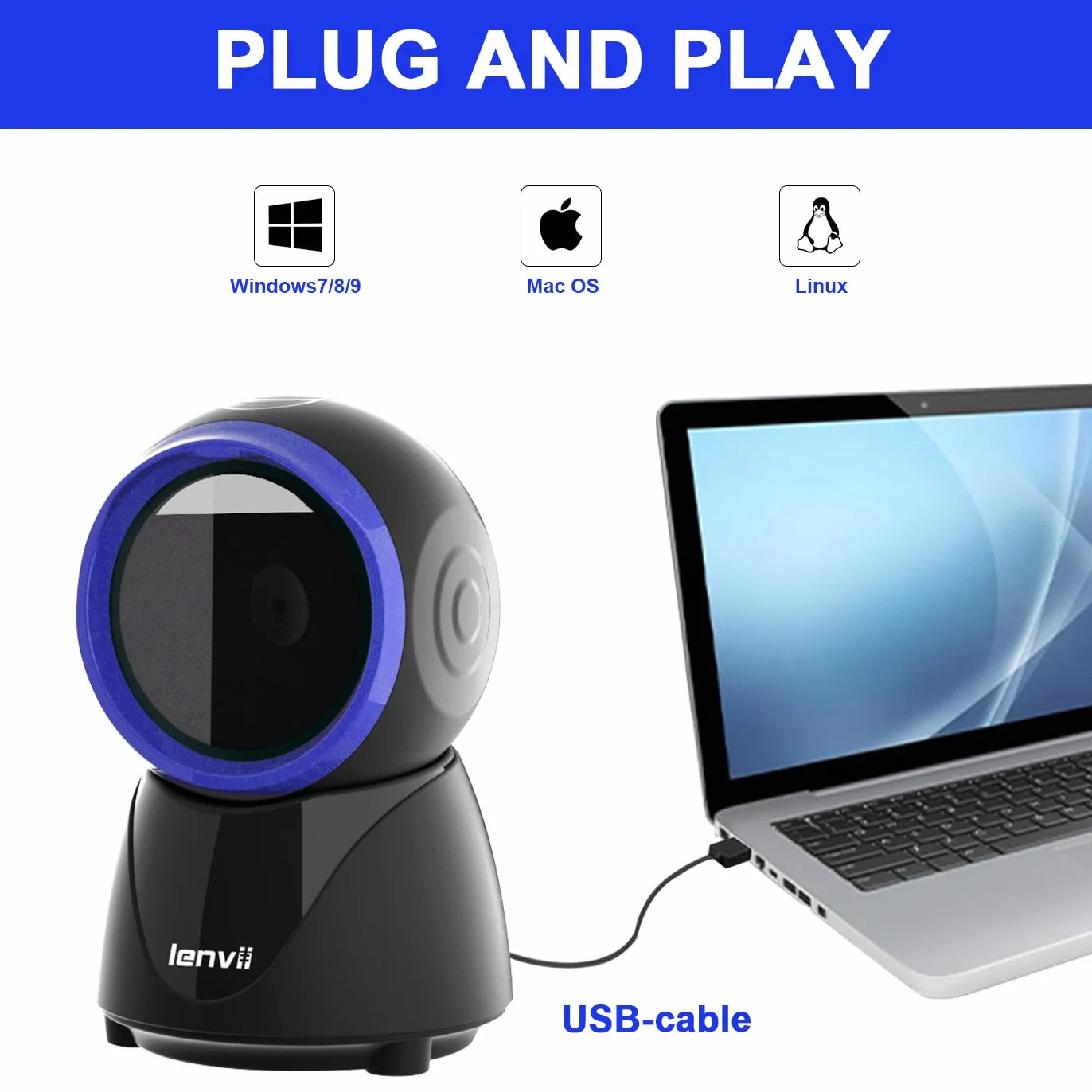 LENVII Escáner Omnidireccional de Códigos de Barras y QR de Escritorio - Manos Libres, 1D/2D, Con Cable USB - Compatible Con Windows, Mac, OS, Linux PC