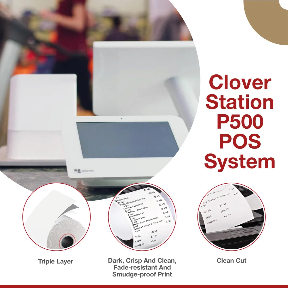 10 rollos de papel de recibo de trébol de 3 1/8 pulgadas x 230 pies, sin BPA, rollos de papel térmico para impresora Clover POS Station P100, P500, P550