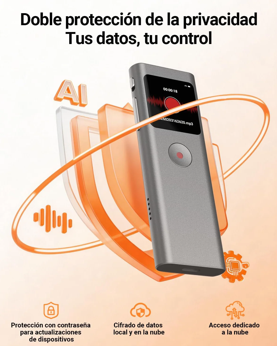 Grabadora de Voz IA 64 GB con Transcribe y Resume, Activada por Voz, Control de App, Reducción de Ruido Automática