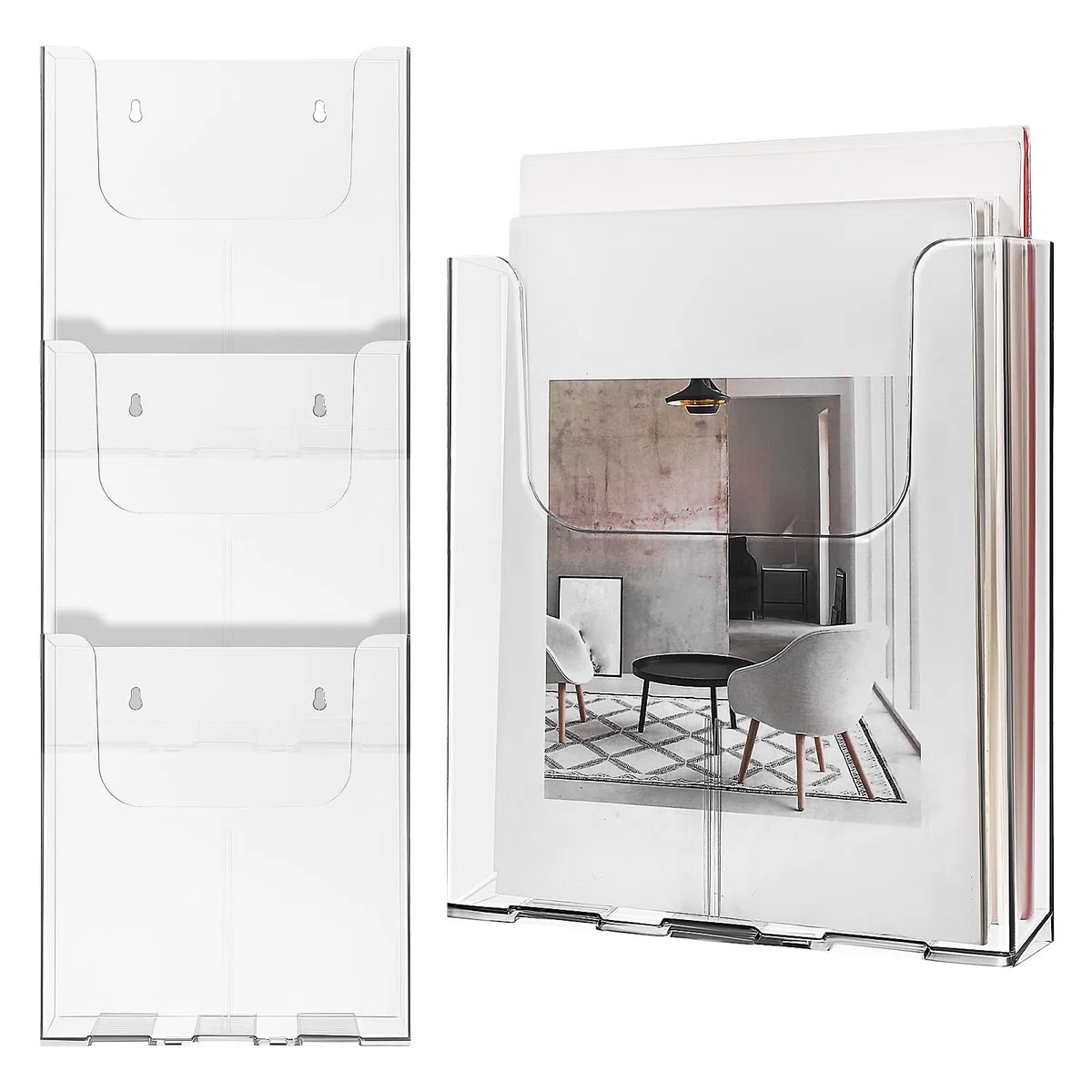 NOLITOY Organizador Archivos Colgante Acrílico Transparente para Folletos A4, 4 Soportes de Pared, Adecuado para Menús y Revistas en Oficinas y Hogares