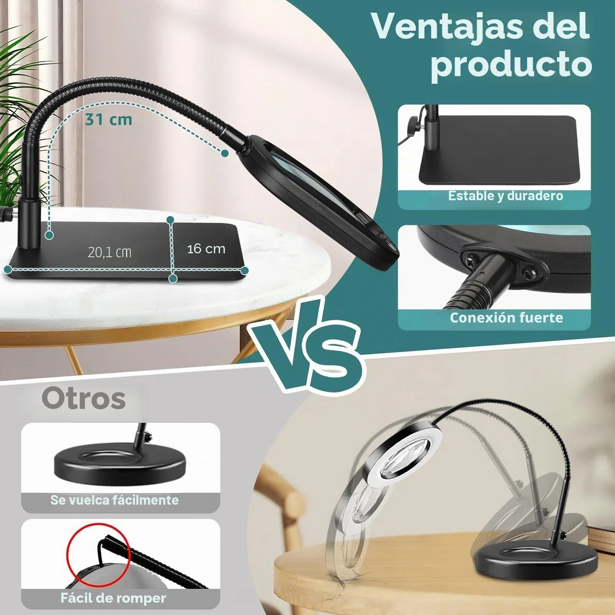 Drdefi 10X Rectangular Lupa con Luz y Soporte, 5 Modos de Color, Regulabilidad Continua, LED Lámpara de Escritorio Flexible con Cuello de Cisne, Lámpara de Lupa Manos Libres para Lectura Reparación