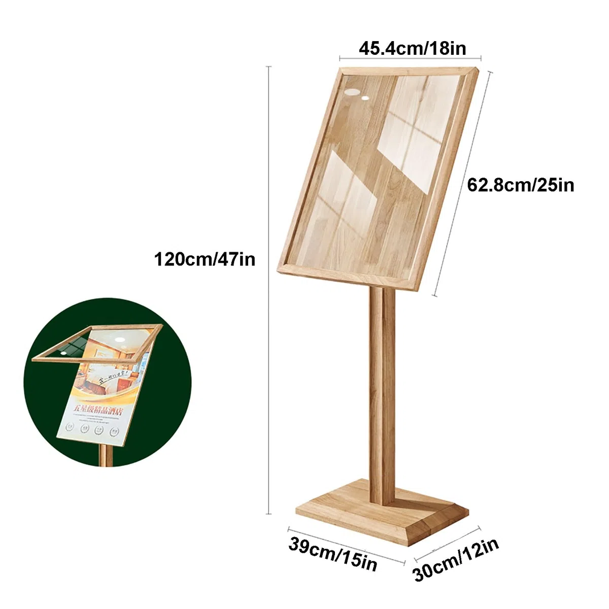 Soporte para carteles al aire libre, soporte de exhibición de madera maciza con cubierta de vidrio templado para anuncios, carteles y ferias comerciales