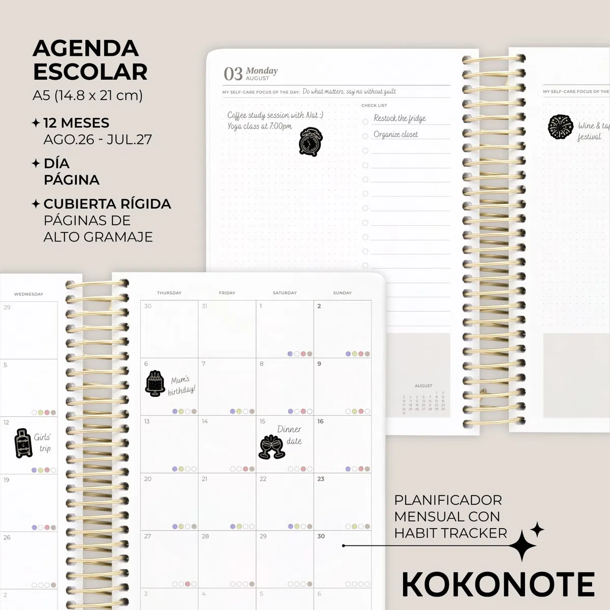 Kokonote Agenda 2026 2027 Dia por página A5 negra Back To Black | Agenda Escolar Negra Universitaria, Oposiciones o Insituto, Págs. Alto Gramaje, Con Pegatinas y apartados funcionales