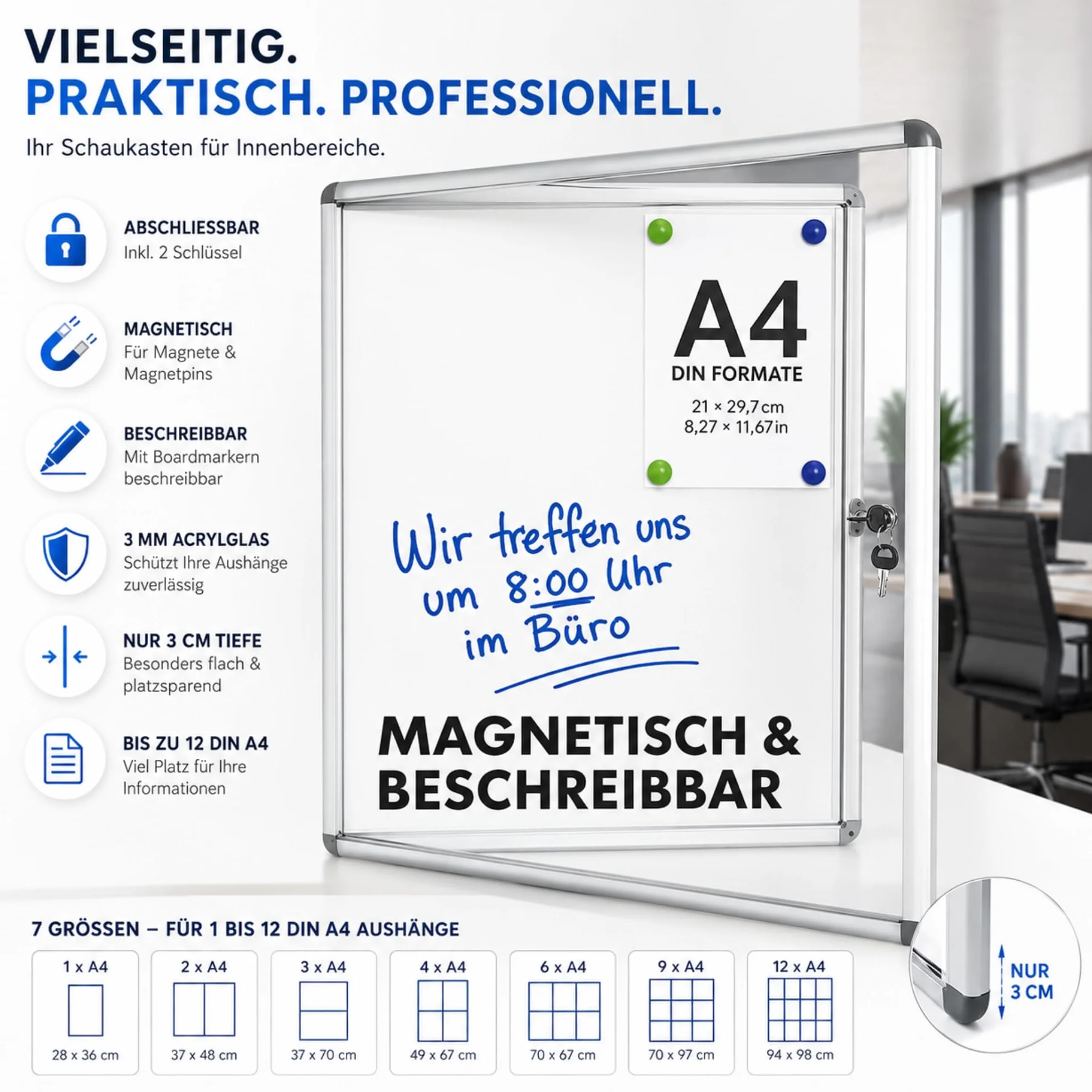 OfficeMarshal Vitrina de 9 x A4 con 18 imanes, caja de información para colgar, magnética, pared posterior para escribir, con marco de aluminio