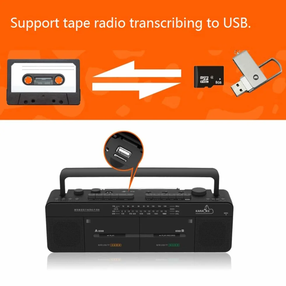 Reproductor de Cinta Doble - Grabadora de Cassette - Radio FM/SW/WM - Disco MP3/U, reproducción de Tarjeta TF - Grabación/transcripción con un Solo Clic