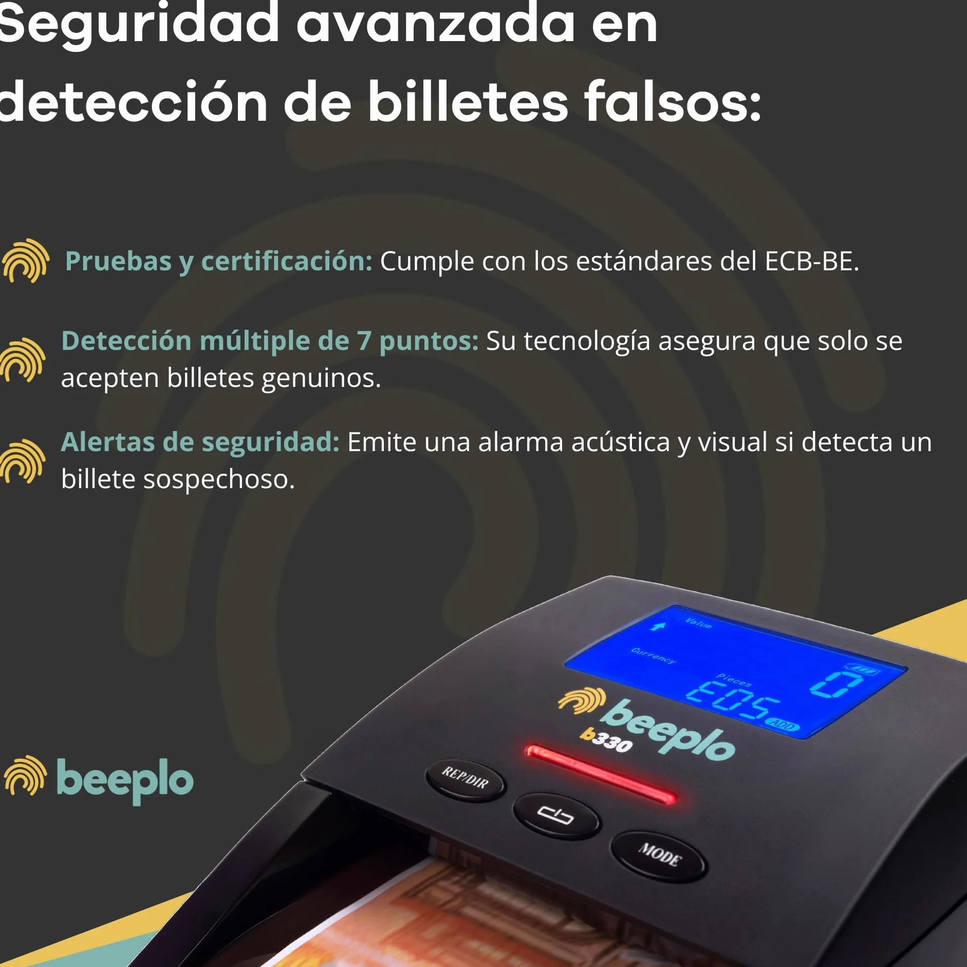 b330 | Detector de Billetes Falsos EUR | 100% Fiabilidad | Verificación Precisa Automática de 5 Divisas: EUR, GBP, CHF, NOK, SEK | Sin Batería