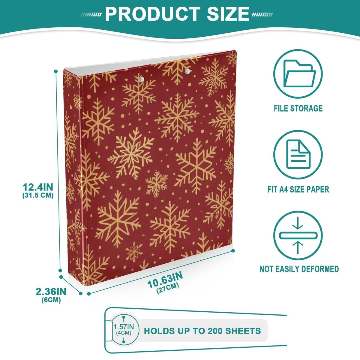 Carpeta de 3 anillos, carpeta de anillos en D rojos con copos de nieve dorados y beige, paquete de 2 | Con portapapeles y bolsillos, para escuela, universidad, oficina