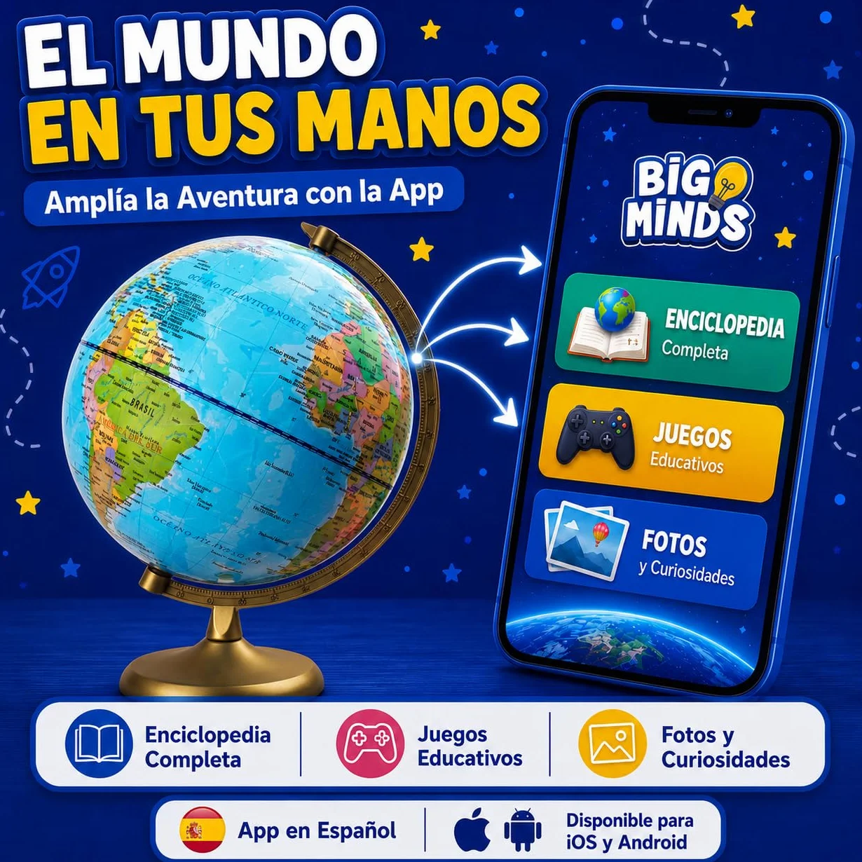 Globo Terráqueo Interactivo Niños con App Luz LED Español Big Minds
