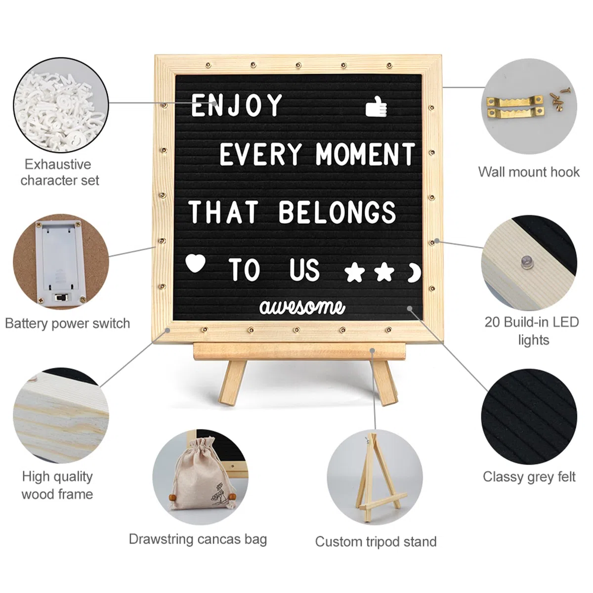 Tablero de Letras de Fieltro Negro (25.4 × 25.4 cm), 340 Letras, LED Soporte Ajustable para Tablón de Mensajes, Menús, Anuncios de Embarazo, Anuncios de BebéS, Bodas y Fiestas, Felt Letter Board