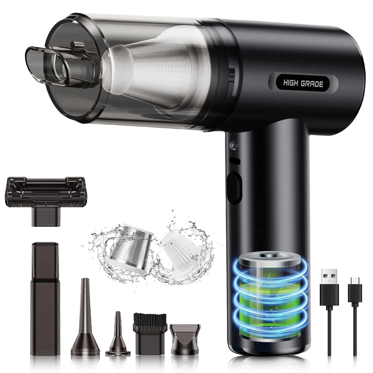 AECHO Aspiradora de Coche Potente,2000PA Aspirador de Mano sin Cable,4 en 1 Aspiradora de Mano,Doble Filtrado,Ligero y Recargable,Mini Aspirador y Soplador con Filtro HEPA para PC,Coche,Hogar,Oficina
