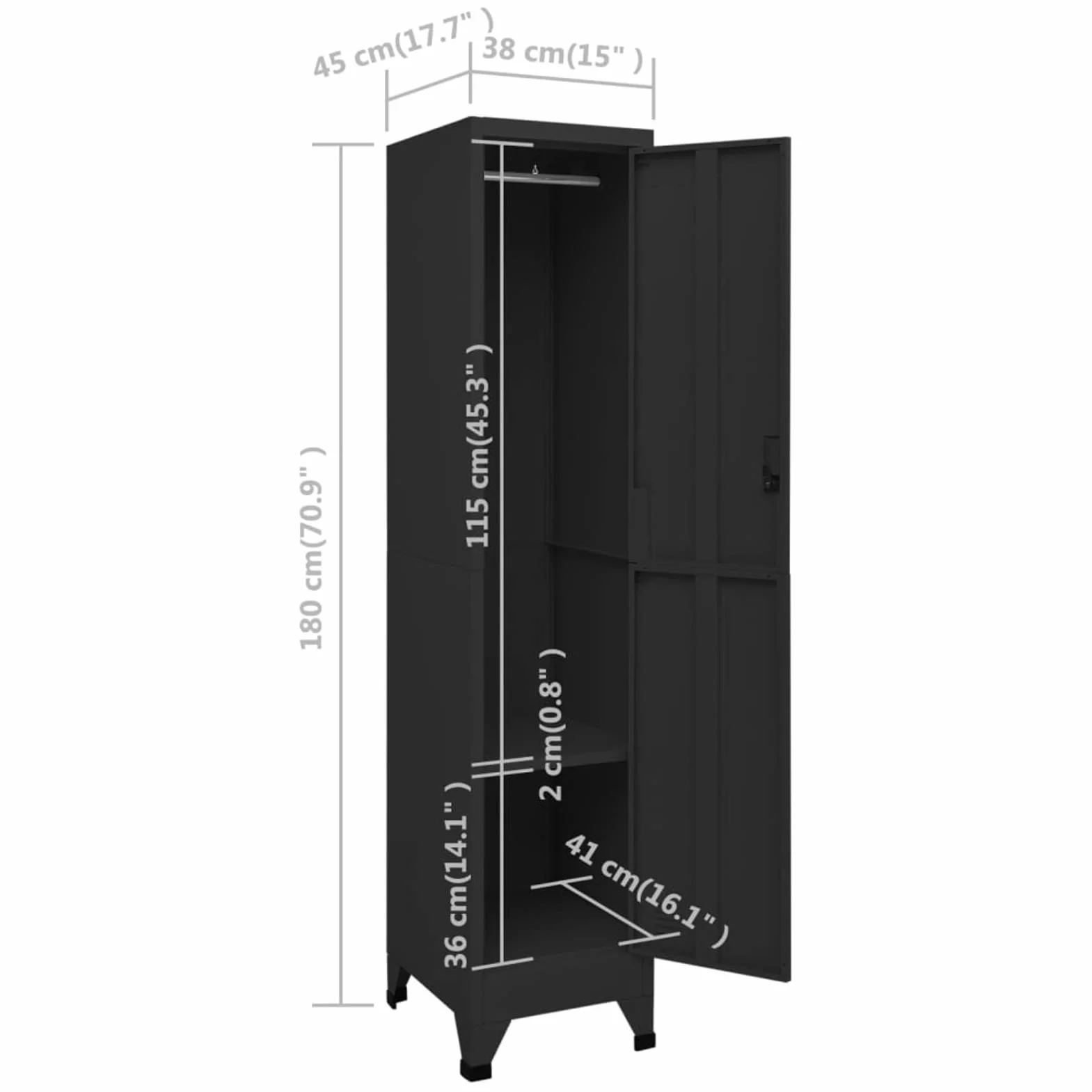 Taquilla de Acero Negro 38x45x180 cm Armario Taquilla Metalico Vestuario