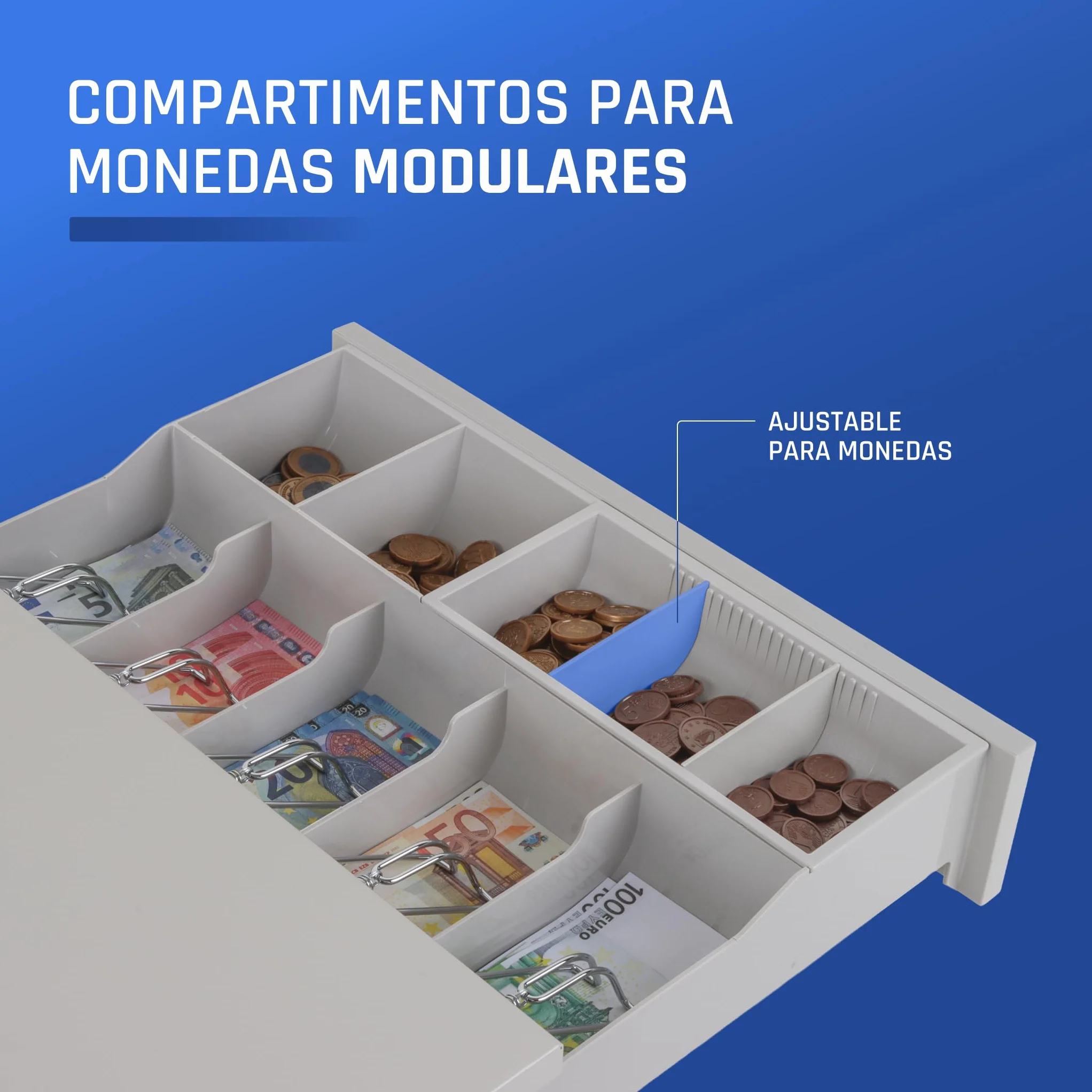 iggual – Cajón Portamonedas IRON-30W -Caja Efectivo, Registradora Manual o Automática para 5 Billetes y 5 Moneda - Cerradura 3 Posiciones- Acero+Plástico -Uso profesiona -Blanco Perla (42x40,5x10)