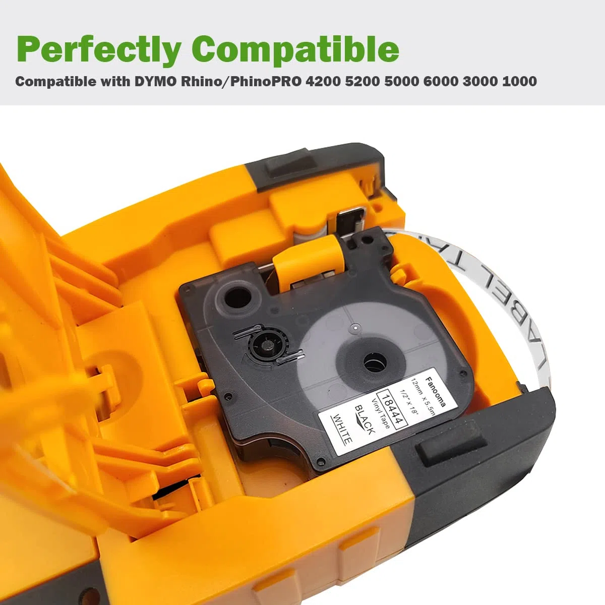 Cinta de etiqueta industrial compatible para DYMO Rhino 4200 5000 5200 6000 etiquetadoras industriales, recambios permanentes industriales, impresión negra sobre blanco, 12 x 18 pies,