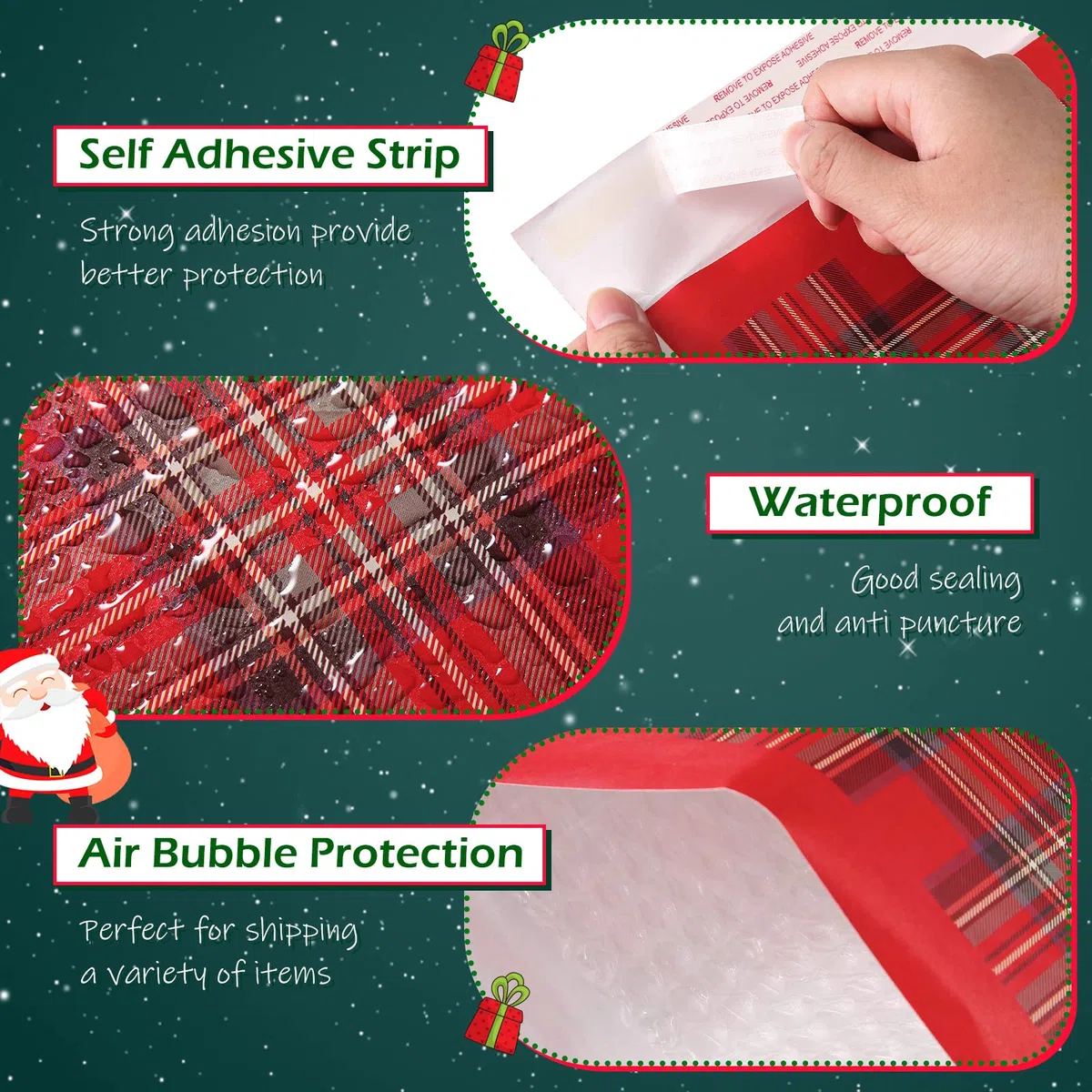 60 sobres de burbujas de Navidad de 8.3 x 9.3 pulgadas, sobres acolchados de Navidad, bolsas de envío autoadhesivas, sobres de correo de vacaciones, impermeables y a prueba de desgarros, bolsas